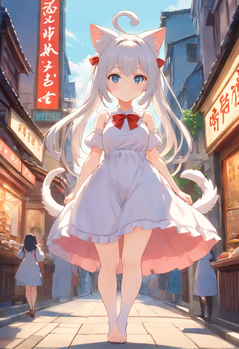 Stand barefoot，Masterpiece，long whitr hair，Extremely tall girls，A giantess，In the city，Full limbs，The face is delicate，White double ponytail，blue color eyes，White Lolita，Long-range shots，white stockings，There are cat ears on the head, white dresses， silber hair, cute anime waifu in a nice dress, cute big breasts,Chopstick legs，Slender calves，Slender，high-heels，Big breasts，the shy