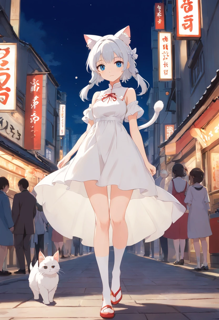 Stand barefoot,Masterpiece,long whitr hair,Extremely tall girls,A giantess,In the city,Full limbs,The face is delicate,White double ponytail,blue color eyes,White ta,Long-range shots,white stockings,There are cat ears on the head, white dresses, silber hair, cute anime waifu in a nice dress, cute big breasts,Chopstick legs,Slender calves,Slender,high-heels,Big breasts,the shy