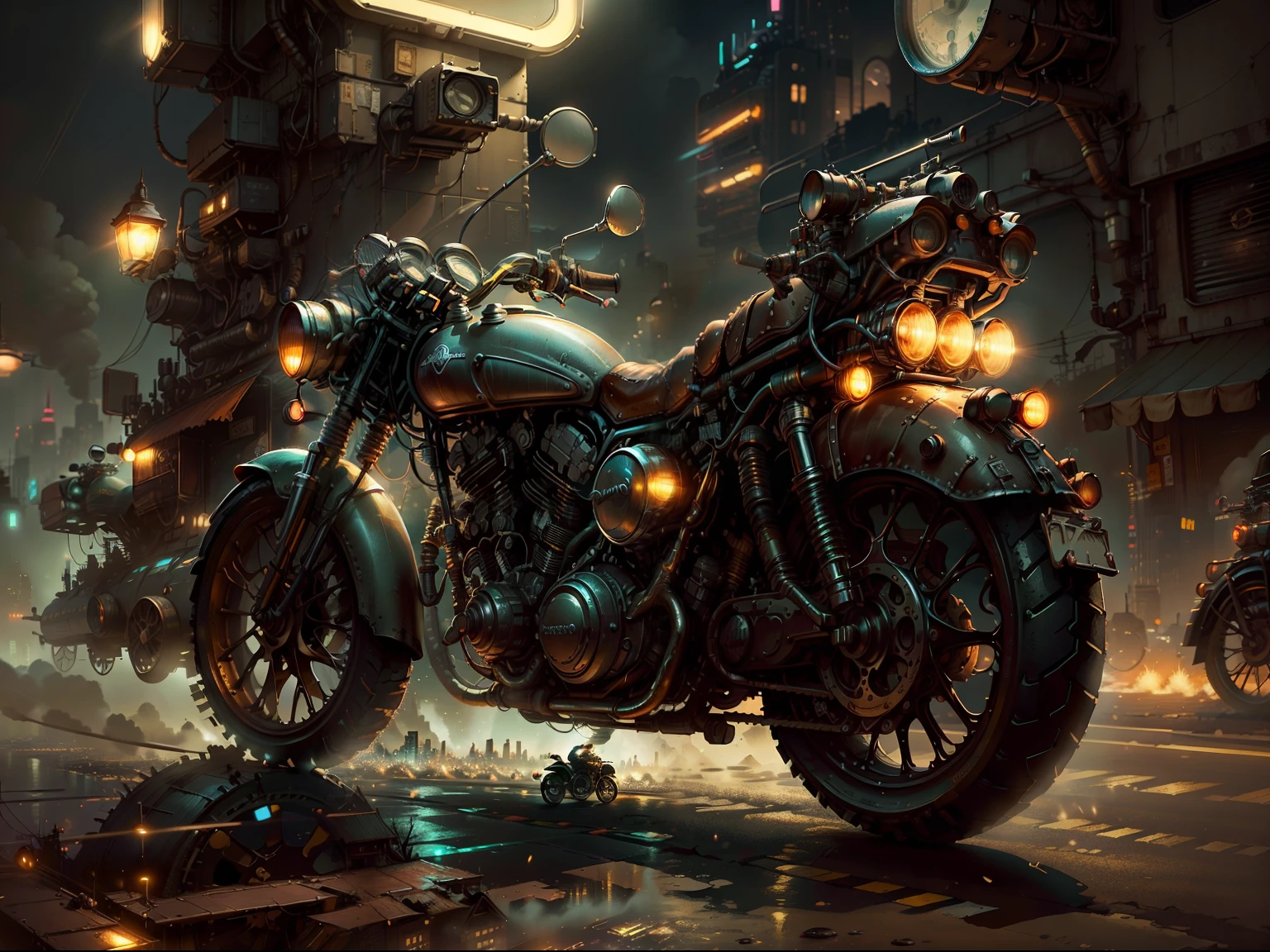 Imagine a futuristic city at night, shrouded in cosmic dust, while a motorcyclist on his vintage motorcycle cuts through the scenery. Capture every detail of the bike, from the glow of the powerful engine to the reflections of city lights, all in a high-resolution HDR image