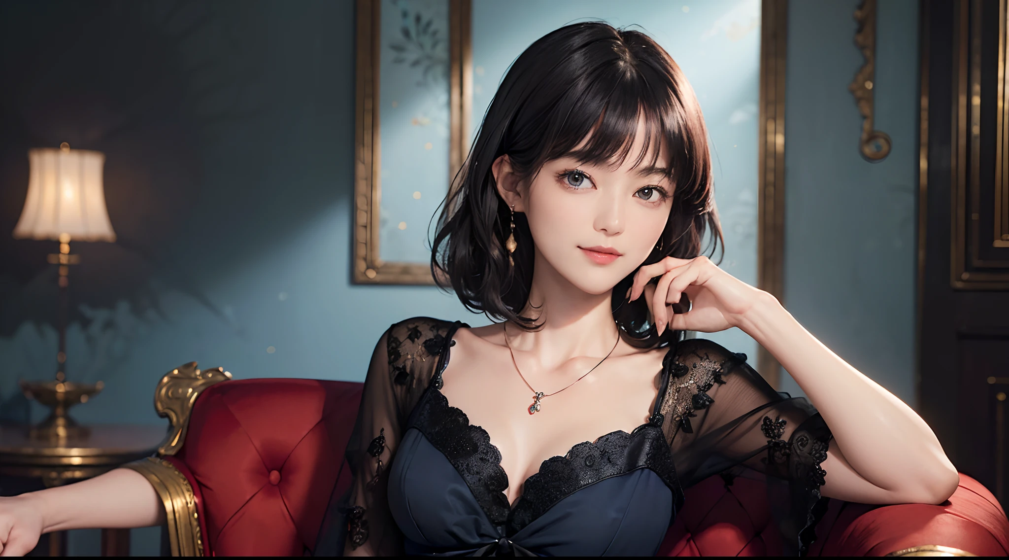 ((1womanl)),  (((Black Shorthair))), （masuter piece：1,2）、top-quality、​masterpiece、hight resolution、Original、highly detailed wallpaper、dress code、Luxurious necklace, A slight smil、a small face、(Breast)、(Red or blue dress)、Live-action style