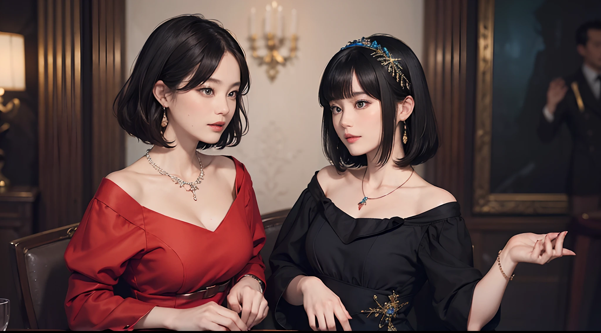 ((1womanl)),  (((Black Shorthair))), （masuter piece：1,2）、top-quality、​masterpiece、hight resolution、Original、highly detailed wallpaper、dress code、Luxurious necklace, A slight smil、a small face、(Breast)、(Red or blue dress)、Live-action style