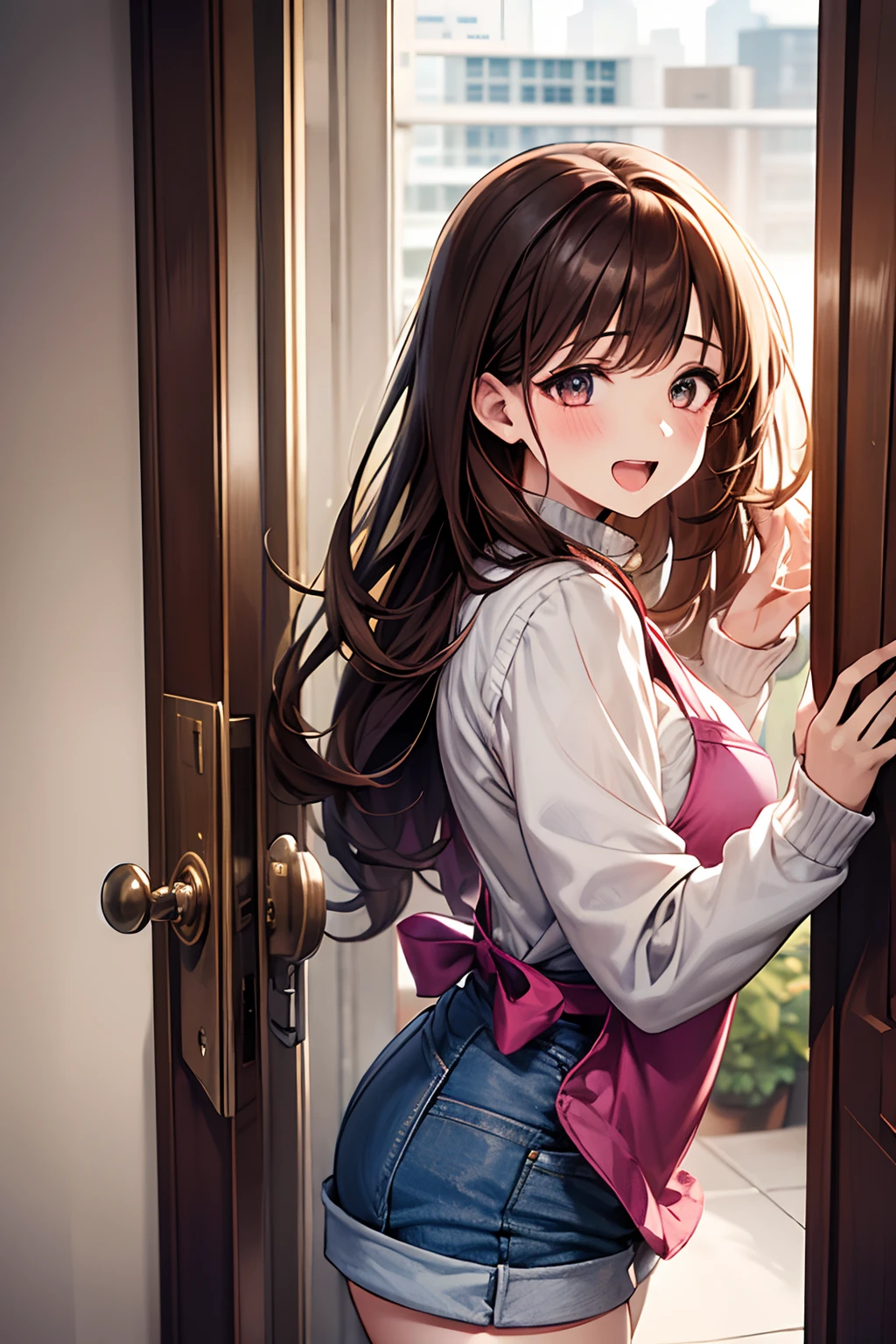 Brown hair、(Brown Eye Degree:1.5)、One side up、Hair Ribbon、bow ribbon、long、Break the blazer、a blue skirt、pleatedskirt、student clothes、summer clothing、BREAK (masterpiece:1.2)、top-quality、hight resolution、unity 8k wall paper、(illustratio:0.8)、(beatiful detailed eyes:1.6)、extra detailed face、Perfect litthing、Highly detailed CG、 (perfect hand、perfect anatomia)、Look at viewers、red blush、A smile、Take a selfie in front of the mirror、standing front of mirror、holds a smart phone in one hand、 (appearance々Patterned panties:1.3)、(Skirt that rolls up:1.3)、(Fully exposed panties:1.5),(Show your ass:1.3)