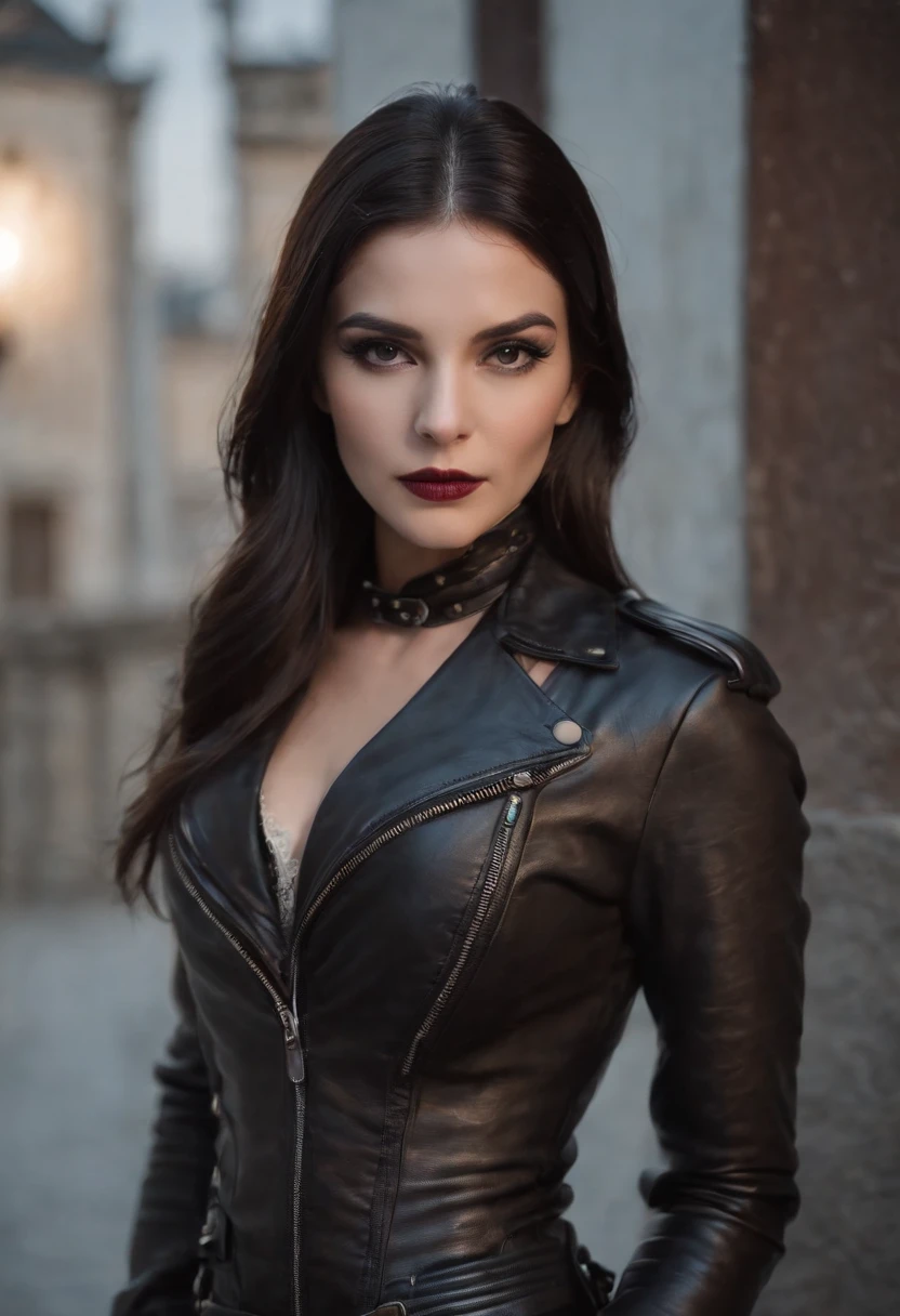 Black leather gloves Black leather riders jacket Black Leather Skinny Pants Black leather long boots Black Leather Neck Corset Black straight hair Venetian mask