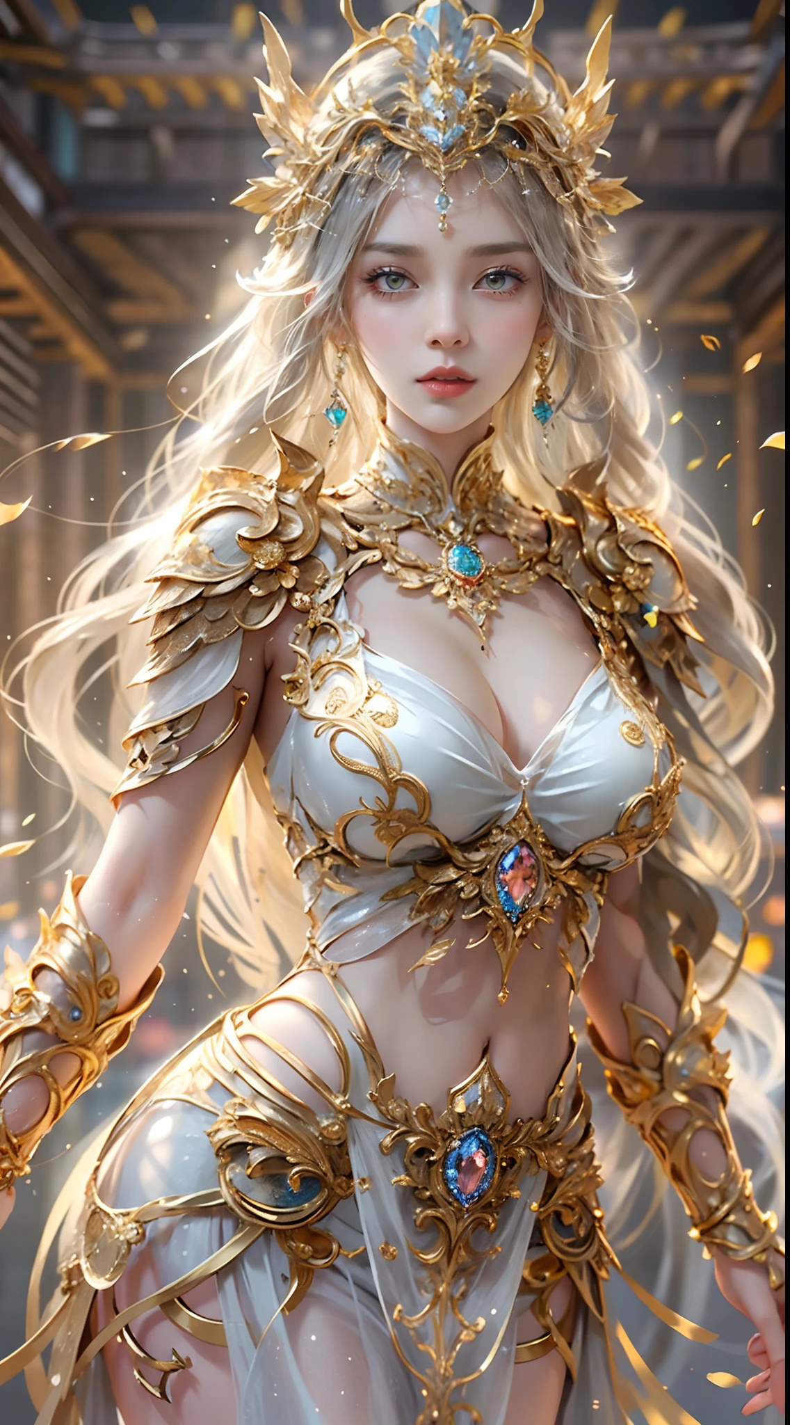 Woman in a golden transparent dress,view the viewer,(((Huge breasts, Large cleavage))),Slim waist,(navel baring,Bare waist), Long hair, Ultra-detailed details,High-end Zhenyi station, Rainstorm site, detailed fantasy art, Stunning character art, Beautiful and exquisite character art, Beautiful gold and silver armor, Extremely detailed, Girl in shiny armor, Exquisite tiaras and jewelry,Crystal jewelry filigree,Delicate pattern, intricately details, (Rich:1.4), prestige, Gorgeous, luxury goods, Royal Palace, jewelry, Pedras preciosas, gold, Diamond, (golden rose), Reflectors,milky ways, Stunning visuals, (dynamic streaks, light tracks:1.2), Vibrant colors,