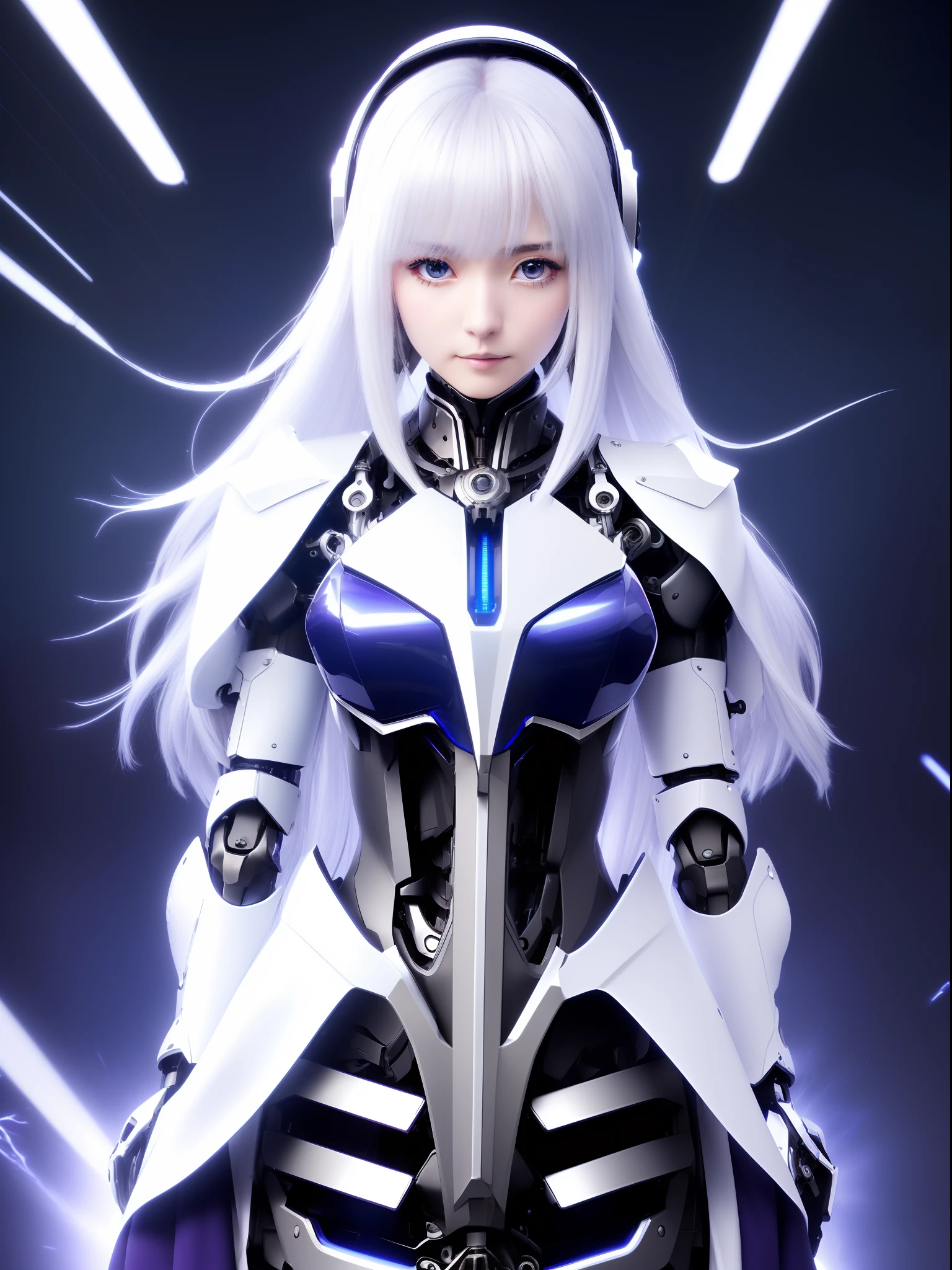 ((masutepiece)), ((top-quality), high quarity、ultra-definition, Realistic, fulcolor 、One beautiful robot woman、(Joints of machines)、Frame of the machine、Thick wire joints、(White porcelain mechanical armor)、((Curvaceous face))、deadpan、((Electronic substrate))、Purple straight hair、Wide Shot、Cylinder neck、Headgear of the machine、sideways Facing、cloaks