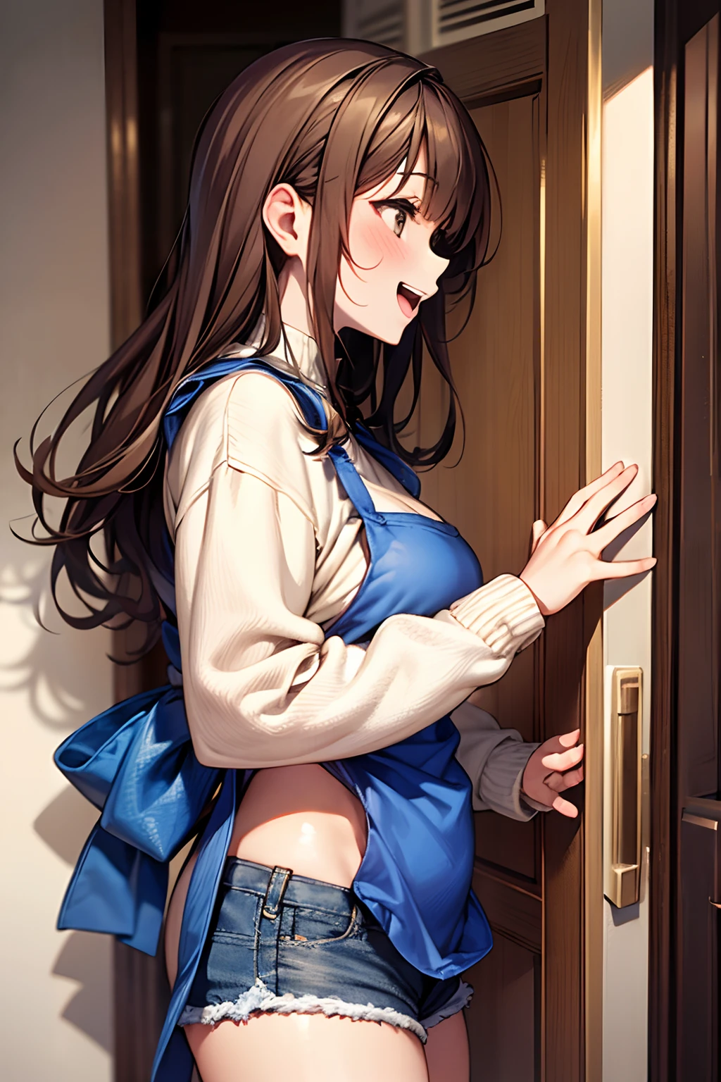 ((1girl in)), Curate, Anatomically correct, Super Detail, top-quality, Very delicate, The upper part of the body, Very petite and cute girl , (Breasts are big:1.5), very baby face, Brown hair, loose and fluffy semi-long hair, ((Cute apron)), White long sleeve sweater, Denim shorts, Doorway of a modern high-rise apartment building, farewell, Laughing with open mouth, from the front side