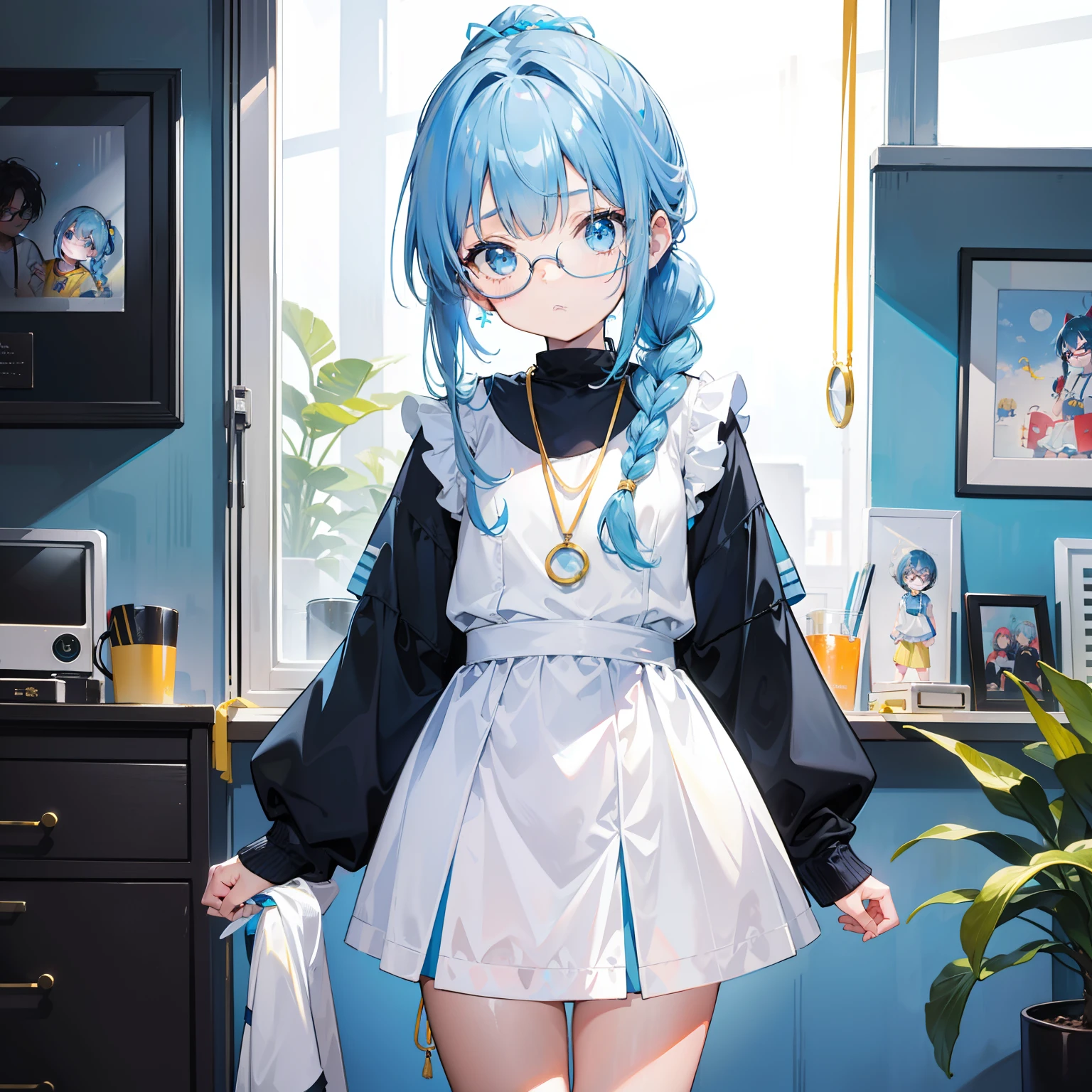 Light blue-gold bangs，With a ponytail，With braids，The body is petite and tender，Very loli，Only very small，Black round glasses，Thick frame，Red rope pendant，Light yellow and blue children's clothing