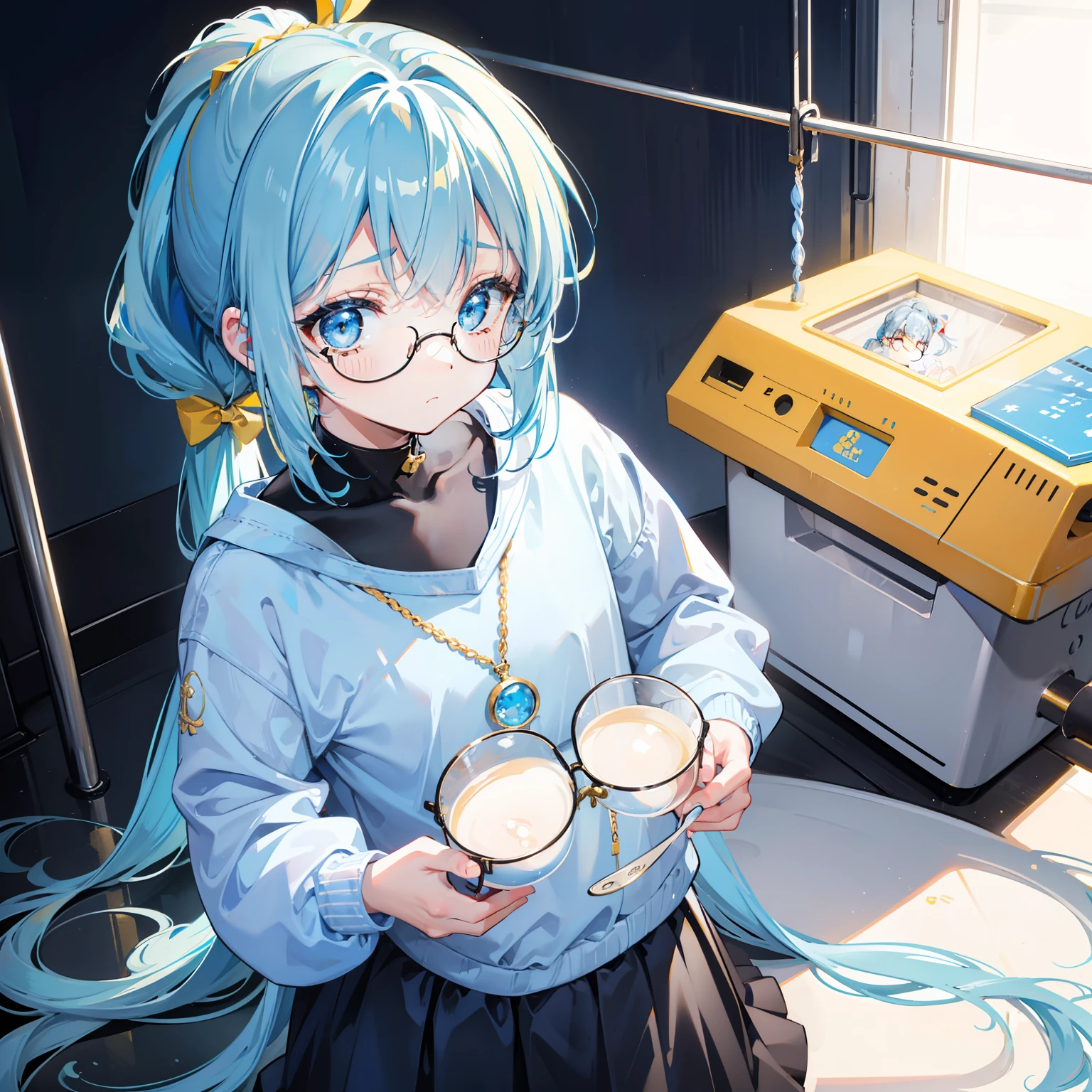 Light blue-gold bangs,With a ponytail,With braids,The body is petite and tender,Very ,Only very small,Black round glasses,Thick frame,Red rope pendant,Light yellow and blue children's clothing