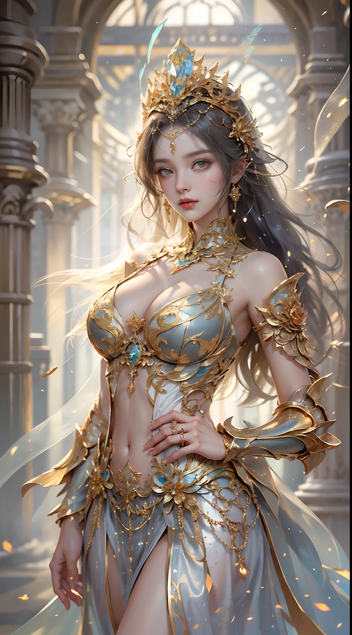 Woman in a golden transparent dress,view the viewer,(((Huge breasts, Large cleavage))),Slim waist,(navel baring,Bare waist), Long hair, Ultra-detailed details,High-end Zhenyi station, Rainstorm site, detailed fantasy art, Stunning character art, Beautiful and exquisite character art, Beautiful gold and silver armor, Extremely detailed, Girl in shiny armor, Exquisite tiaras and jewelry,Crystal jewelry filigree,Delicate pattern, intricately details, (Rich:1.4), prestige, Gorgeous, luxury goods, Royal Palace, jewelry, Pedras preciosas, gold, Diamond, (golden rose), Reflectors,milky ways, Stunning visuals, (dynamic streaks, light tracks:1.2), Vibrant colors,