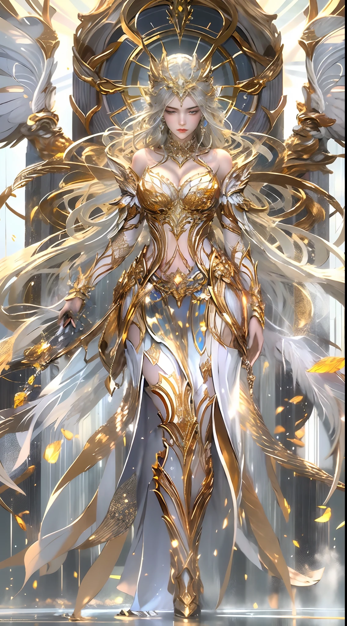 Woman in a golden transparent dress,view the viewer,(((Huge breasts, Large cleavage))),Slim waist,(navel baring,Bare waist), Long hair, Ultra-detailed details,High-end Zhenyi station, Rainstorm site, detailed fantasy art, Stunning character art, Beautiful and exquisite character art, Beautiful gold and silver armor, Extremely detailed, Girl in shiny armor, Exquisite tiaras and jewelry,Crystal jewelry filigree,Delicate pattern, intricately details, (Rich:1.4), prestige, Gorgeous, luxury goods, Royal Palace, jewelry, Pedras preciosas, gold, Diamond, (golden rose), Reflectors,milky ways, Stunning visuals, (dynamic streaks, light tracks:1.2), Vibrant colors,