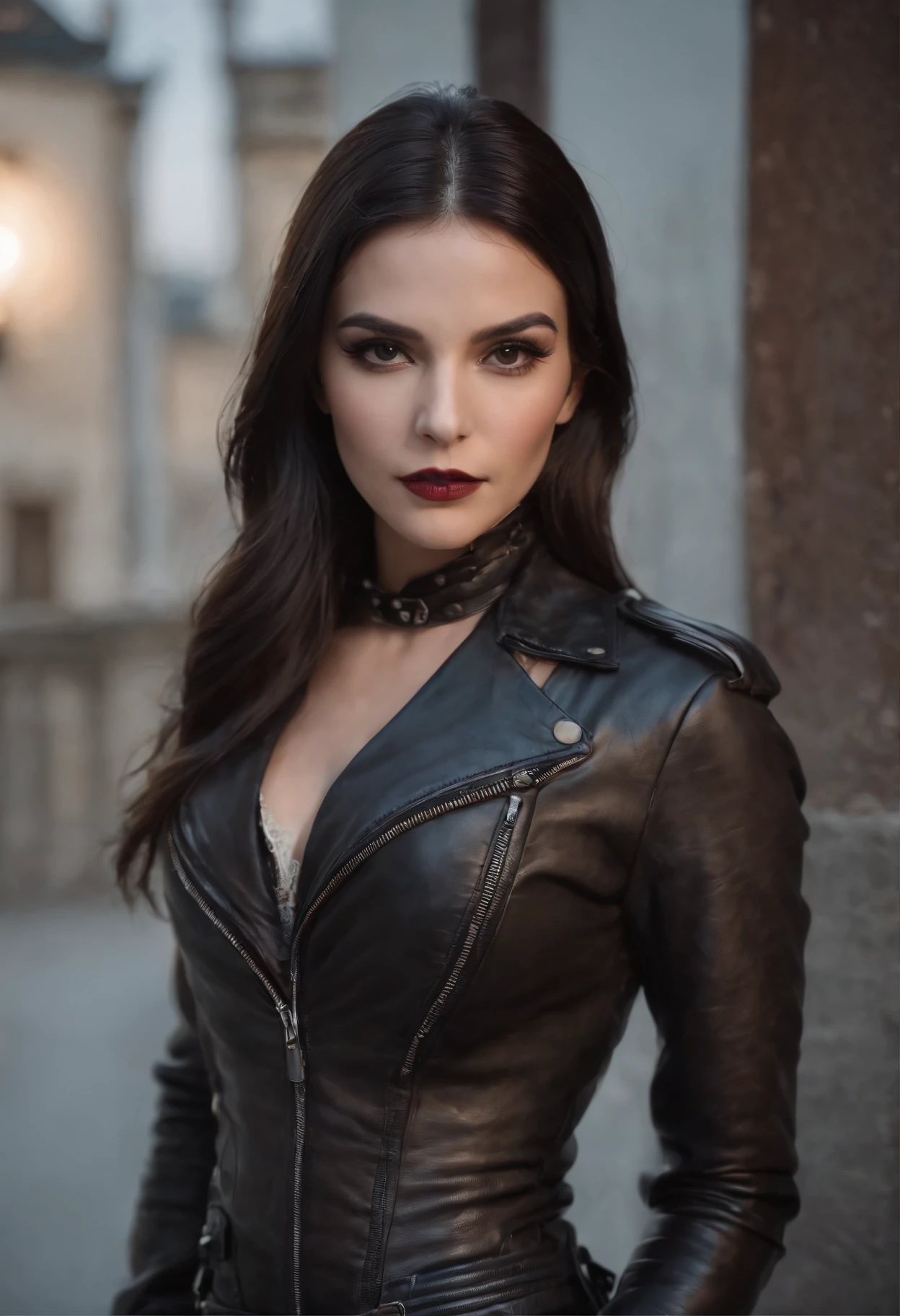 Black leather gloves Black leather riders jacket Black Leather Skinny Pants Black leather long boots Black Leather Neck Corset Black straight hair Venetian mask covering facial expressions