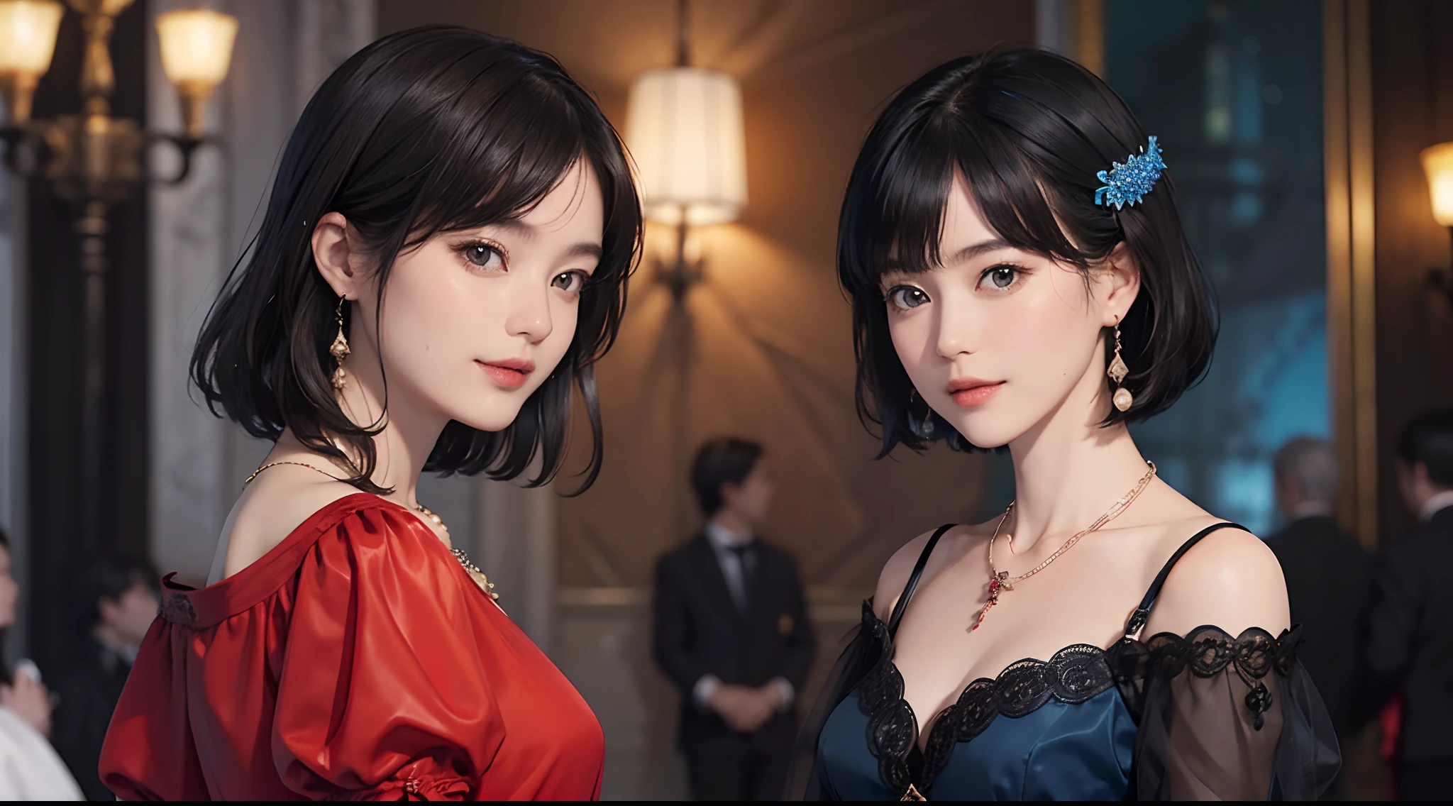 ((1womanl)), (((Black Shorthair))), (masuter piece:1,2)、top-quality、masterpiece、hight resolution、Original、highly detailed wallpaper、dress code、Luxurious necklace, A slight smil、a small face、(Breast)、(Red or blue dress)、Live-action style