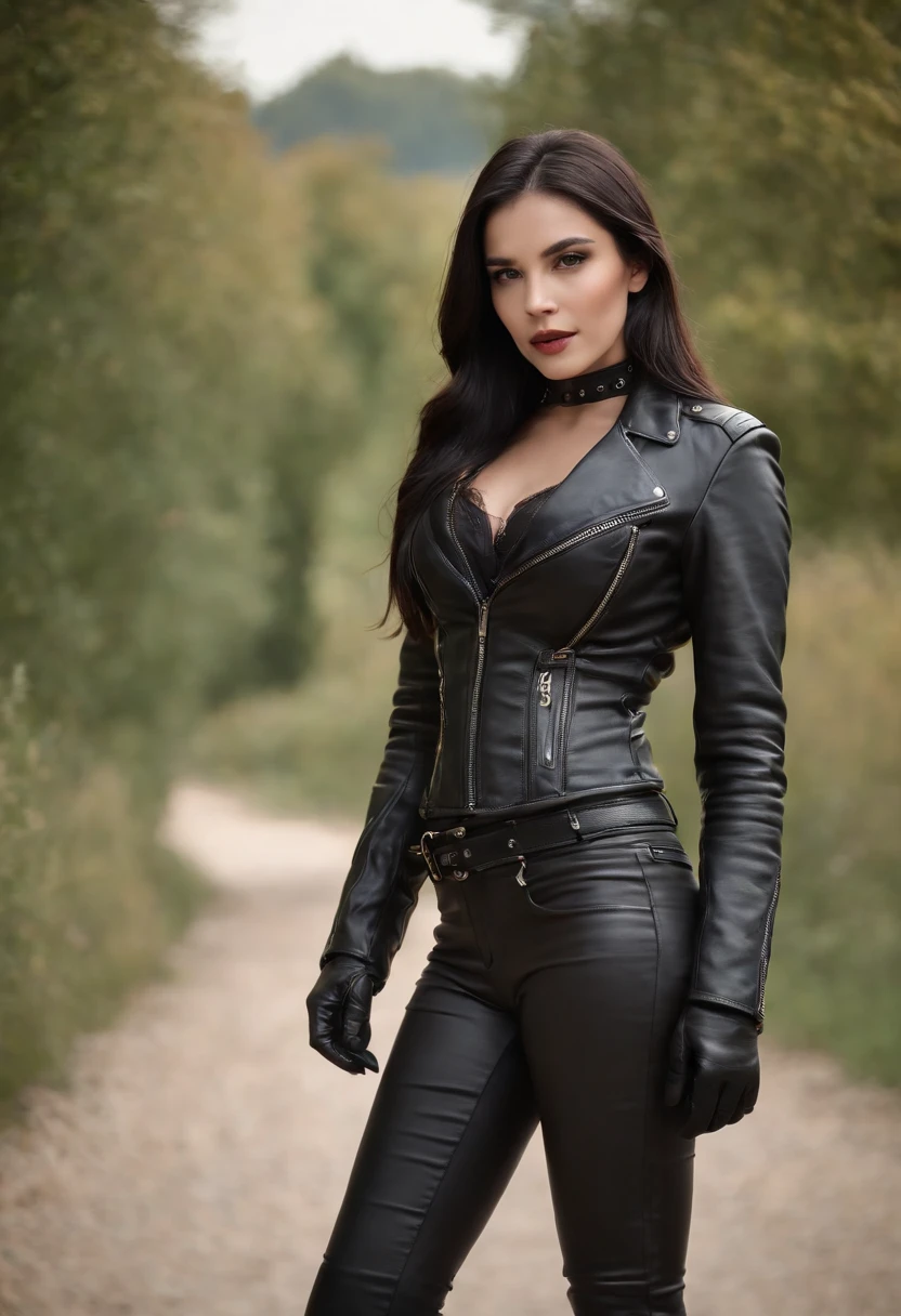 Black leather gloves　Black leather riders jacket　Black Leather Skinny Pants　Black leather long boots　Black Leather Neck Corset　Black straight hair　Venetian mask