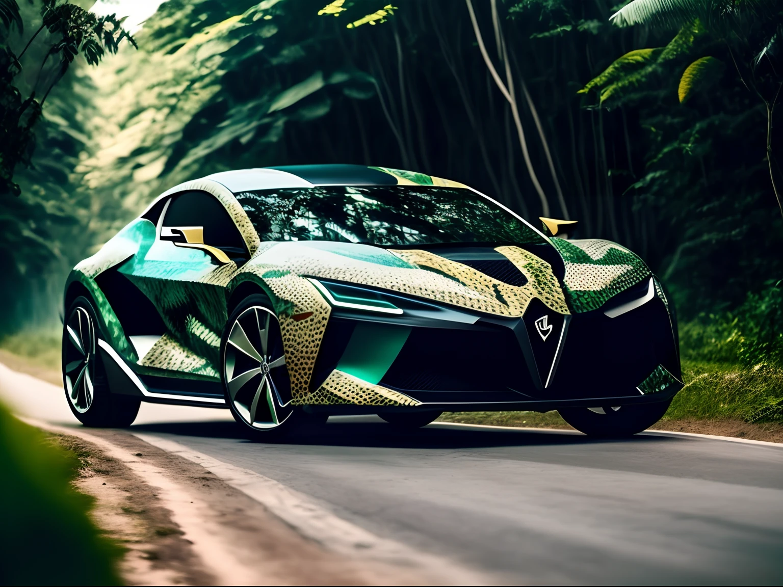 Crie um carro futurista camuflado na natureza