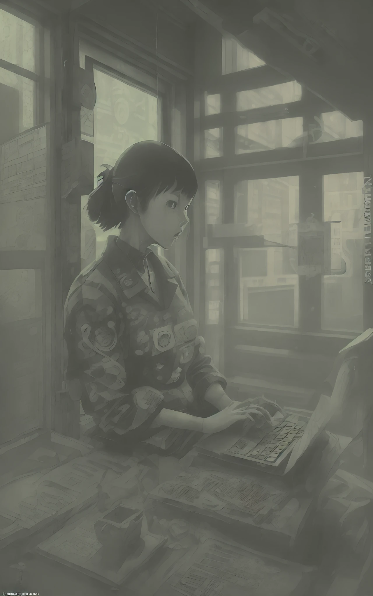 Painterly "Teenage schoolgirl on laptop containing AI, Sitting in the precincts of a small shrine in the narrow space between buildings in Akihabara, tokyo prefecture. It is a high-contrast chiaroscuro...., slight sunlight in a dimly lit room." What is mixed from:(((Fuyuko Matsui, Aya Takano, Tsuguharu Fujita, Makoto Aida, shintaro kago, Katsuhiro Otomo, Takashi Murakami))), pure、What do these elements mean?:(((Satire on a sexually consuming society, Personal desires, teenager, Dark Fantasy, High-definition background fills, lofi-girl, Japanese high school  girl, Metaphor Sexual Motifs, Metaphors of sexual desire, Contemporary art, photographrealistic))), (((Perfect Anatomy))), (((high detailing))), 8K, laptop says:"Code Angel". ​masterpiece、Top image quality