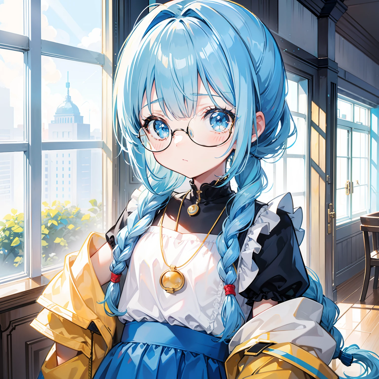 Light blue-gold bangs,With a ponytail,With braids,The body is petite and tender,Very ,Only very small,Black round glasses,Thick frame,Red rope pendant,Light yellow and blue children's clothing