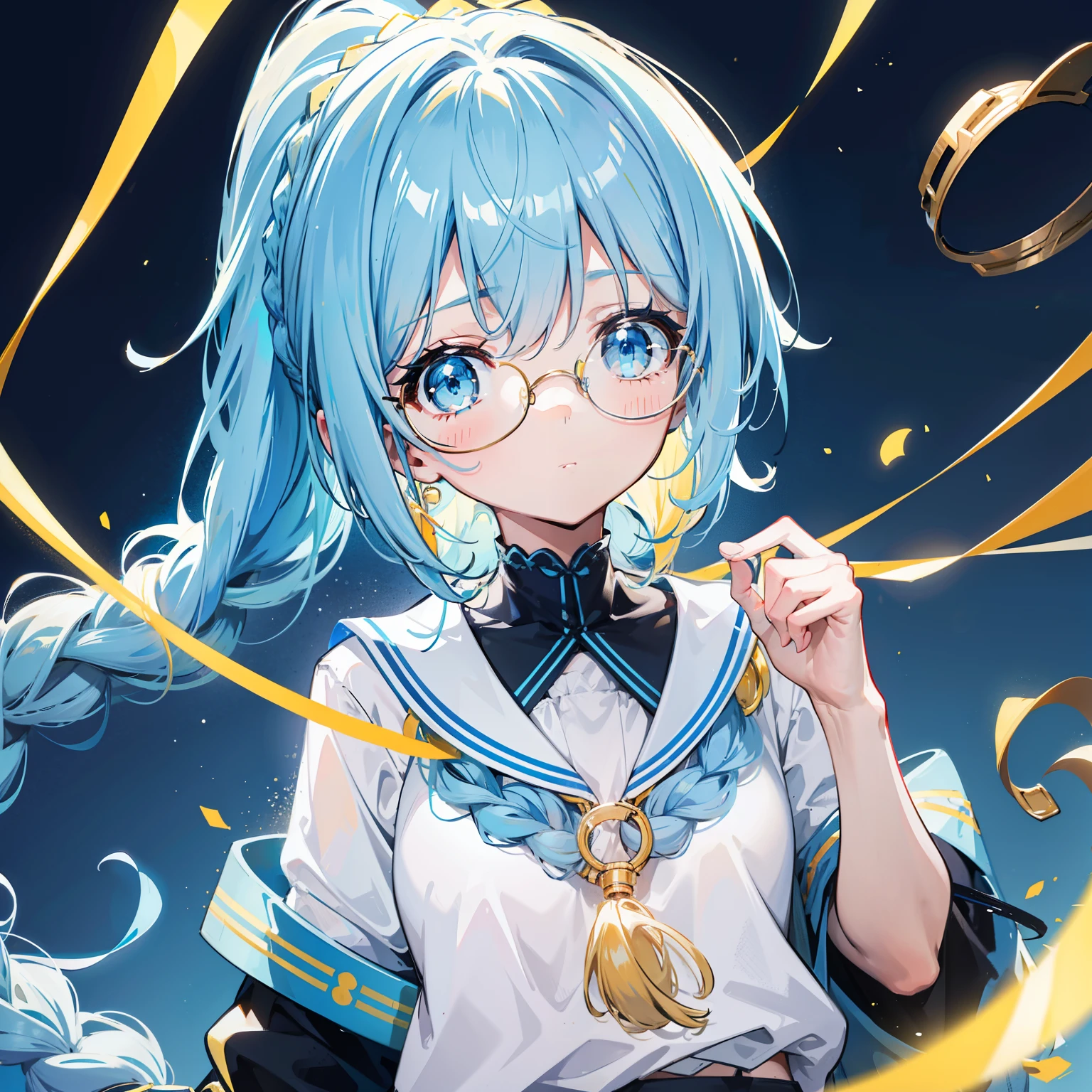 Light blue-gold bangs,With a small ponytail and a small braid,The body is petite and tender,Very loli,Very small only,Black round glasses with thick frames,Red rope pendant,A children's dress with light yellow and blue