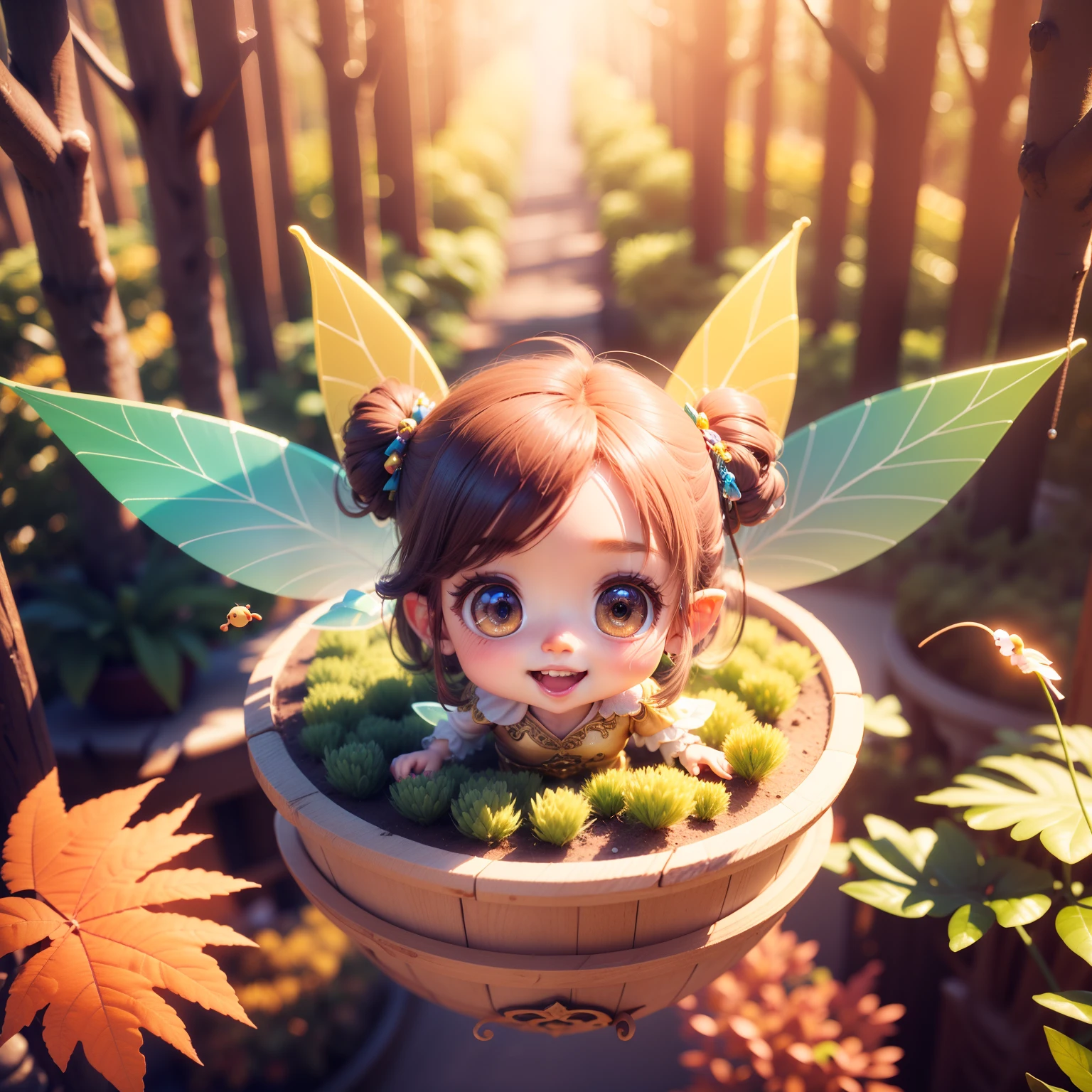 Cute Chibi Anime,(((chibi3d))) (best quality) (masterprice)、a fairy (floating in aerial:1.3), Flying over the autumn forest, under zero gravity, bard view of garden、Open your mouth and smile、(Vivid rainbow:1.3)、The dazzling sunlight of the morning sun、Jewelry Decoration Costumes
