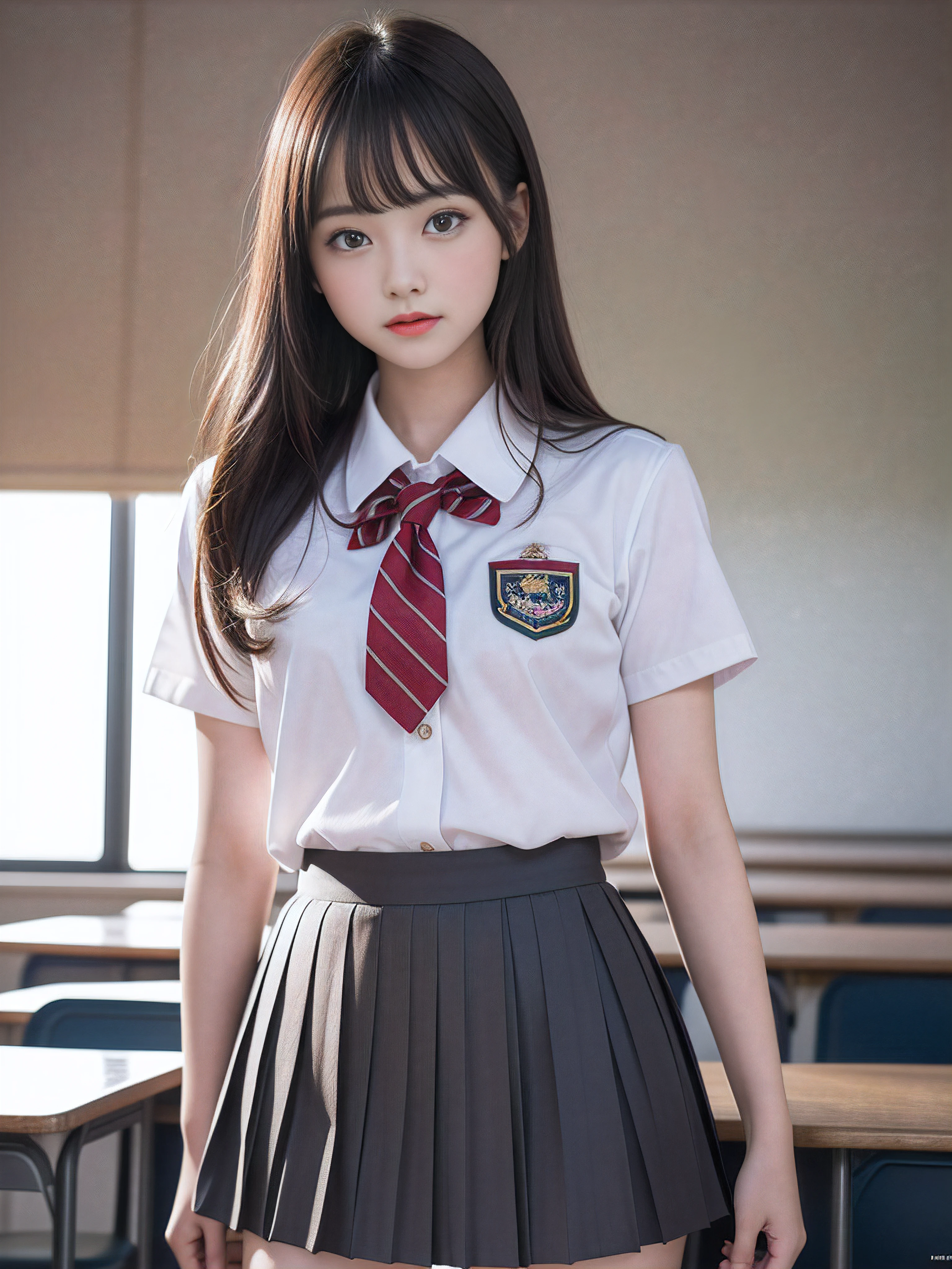 1young girls, extremely detailed CG unified 8k wallpaper, Highly detailed, High-definition raw color photos, Professional Photography, Realistic portrait, Cinematic Light, Bangs, (hi-school uniform, pleated mini skirt:1.3), School, classroom,