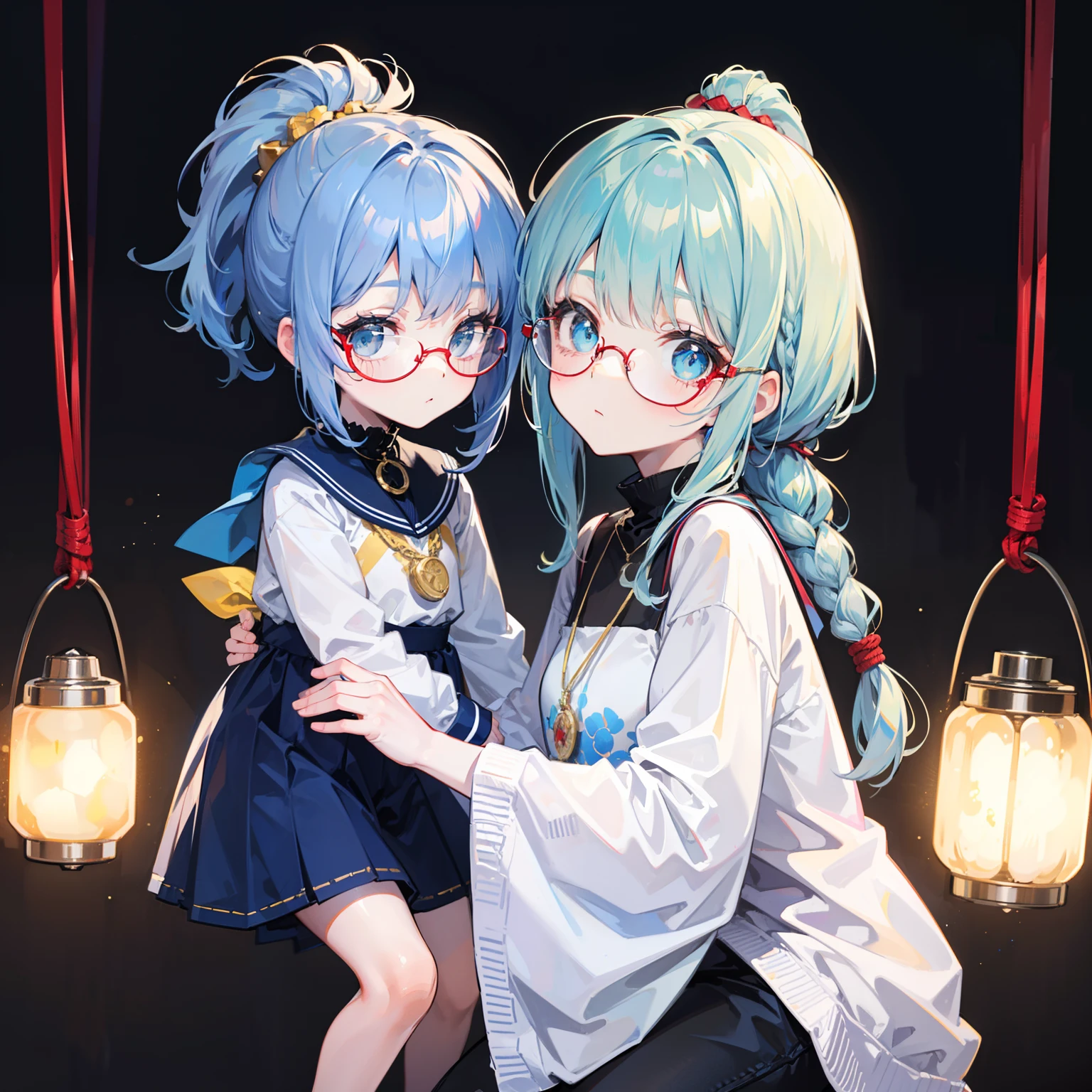Light blue-gold bangs，With a ponytail，With braids，The body is petite and tender，Very ，Only very small，Black round glasses，Thick frame，Red rope pendant，Light yellow and blue children's clothing