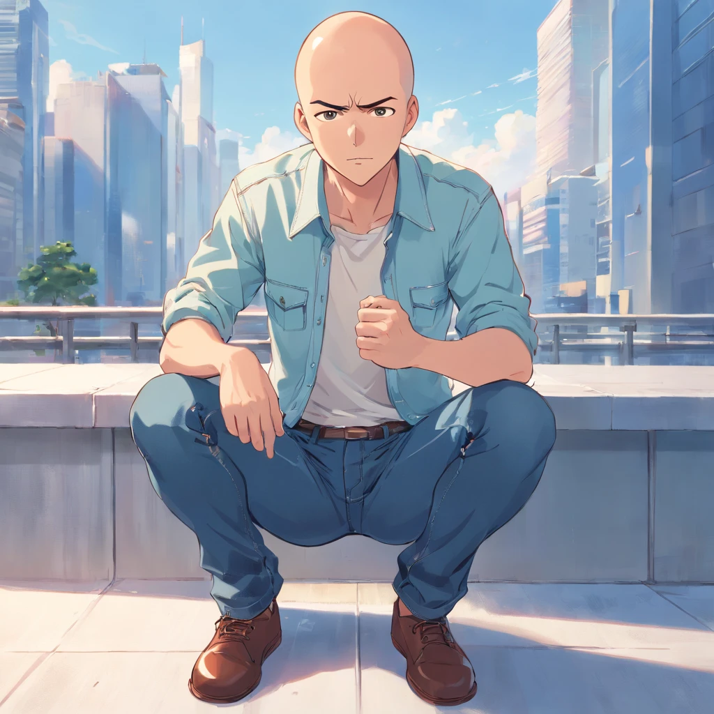 A bald man with a fearless feeling,MachoＴWearing jeans with a shirt,Charakitar Seat,Multiple facial expressions,soio,white backgrounid,multi view, bustup,Standing Picture,frontage