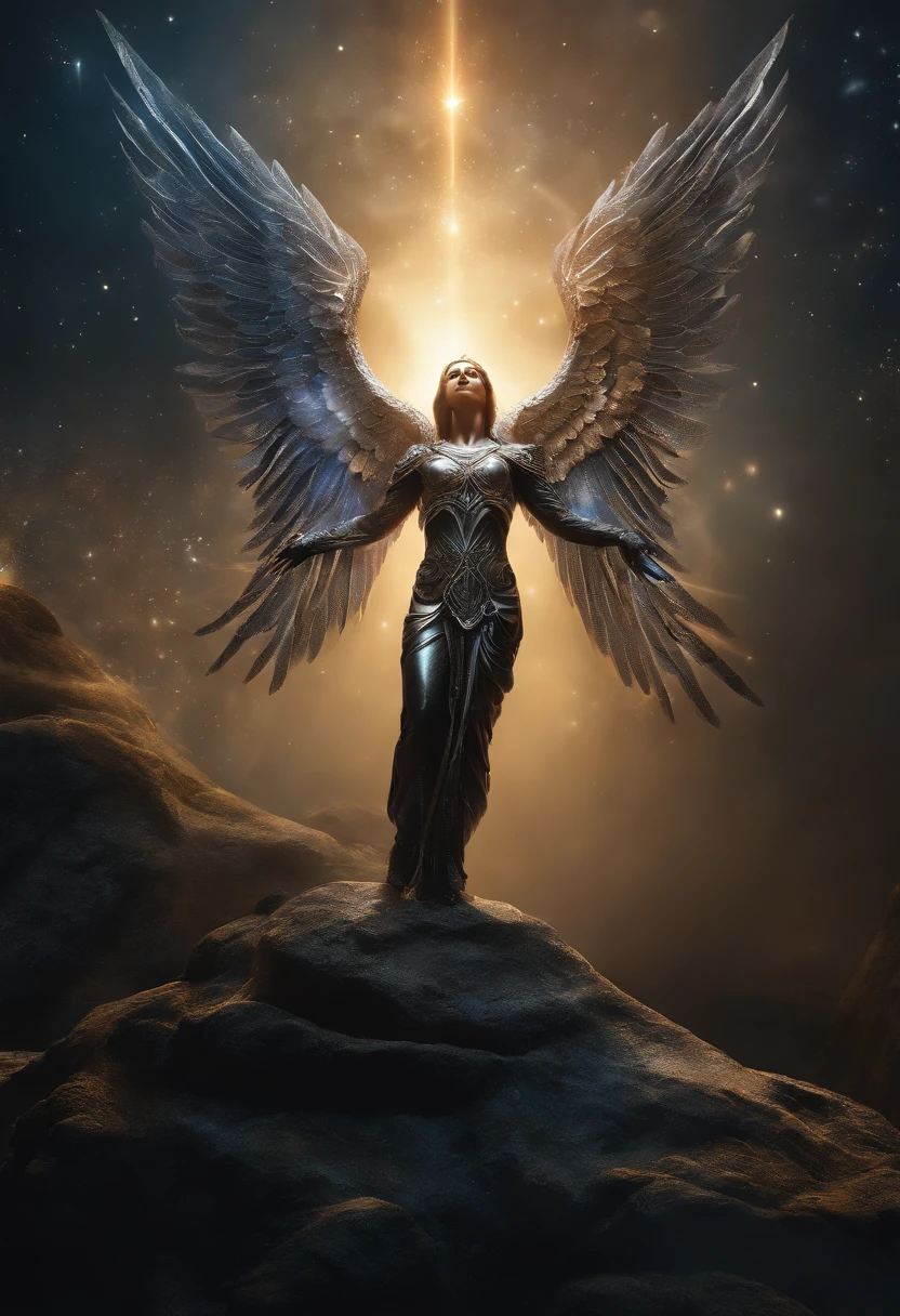 cosmic fallen angel, olhos claros brilhantes, Biomechanicals, estranho, assustador, Pesadelo, cores muito brilhantes, light particles, com luz brilhante, Mshiff, Arte do papel de parede, Papel de parede UHD