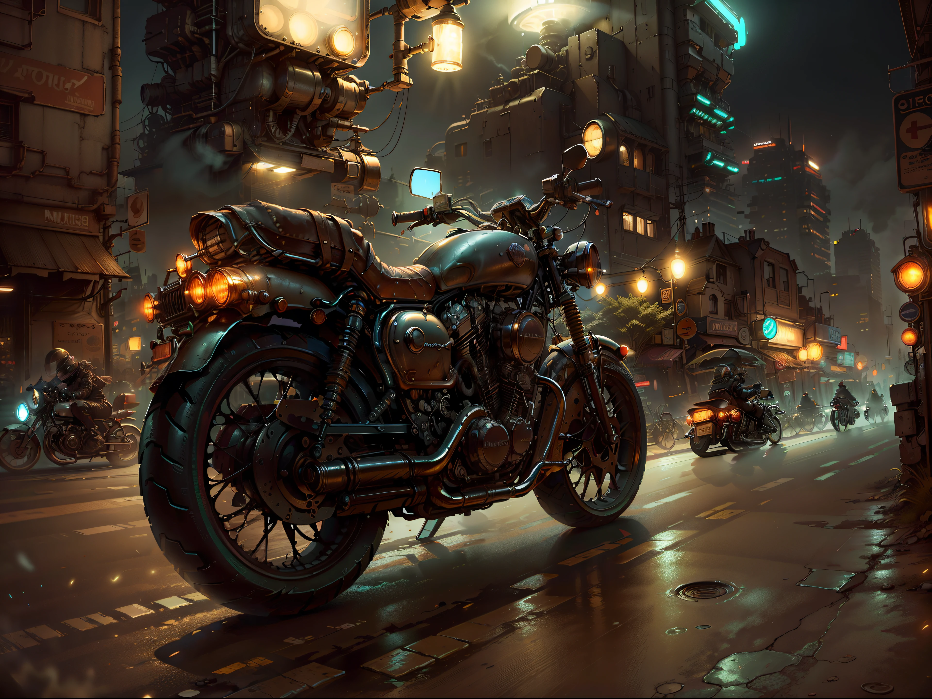 Imagine a futuristic city at night, shrouded in cosmic dust, while a motorcyclist on his vintage motorcycle cuts through the scenery. Capture every detail of the bike, from the glow of the powerful engine to the reflections of city lights, all in a high-resolution HDR image