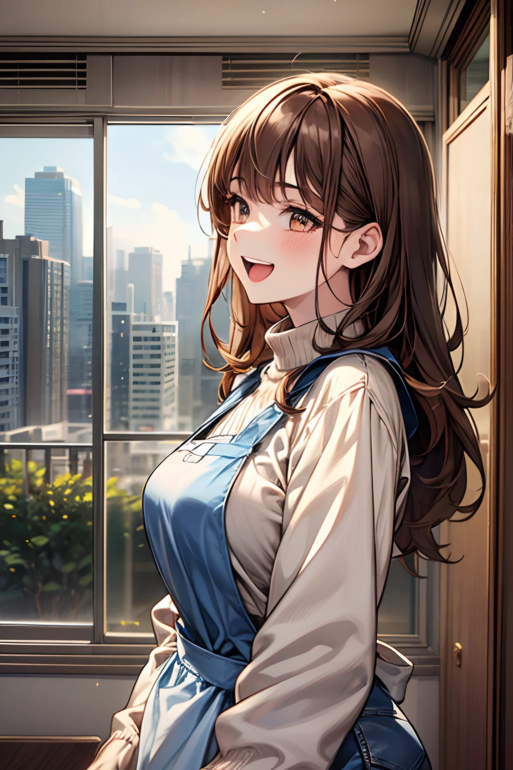((1girl in)), Curate, Anatomically correct, Super Detail, top-quality, Very delicate, The upper part of the body, Very petite and cute girl , (Breasts are big:1.5), very baby face, Brown hair, loose and fluffy semi-long hair, ((Cute apron)), White long sleeve sweater, Denim shorts, Doorway of a modern high-rise apartment building, farewell, Laughing with open mouth, from the front side
