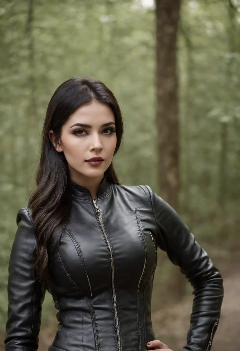 Black leather gloves　Black leather riders jacket　Black Leather Skinny Pants　Black leather long boots　Black Leather Neck Corset　Black straight hair　Venetian mask covering facial expressions