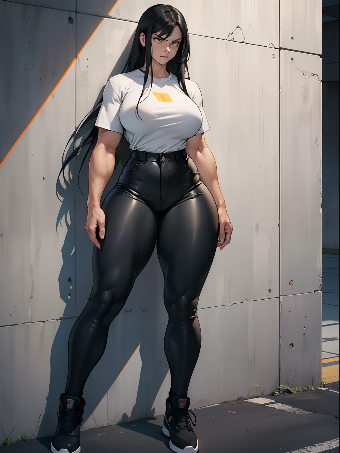 ((1 girl, wide hips, thick thighs, curvy, huge tits)), solo, ((((muscular)))), black hair, yellow eyes, angry, pale sin, very long hair, (tight shirt, tight pants, full body), concrete wall, against wall