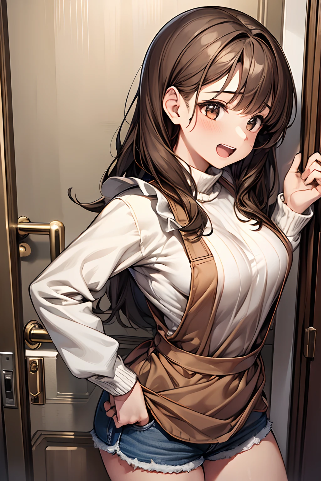 ((1girl in)), Curate, Anatomically correct, Super Detail, top-quality, Very delicate, The upper part of the body, Very petite and cute girl , (Breasts are big:1.5), Height 148cm, very baby face, Brown hair, loose and fluffy semi-long hair, ((Cute apron)), White long sleeve sweater, Denim shorts, Doorway of a modern high-rise apartment building, farewell, Laughing with open mouth, from the front side