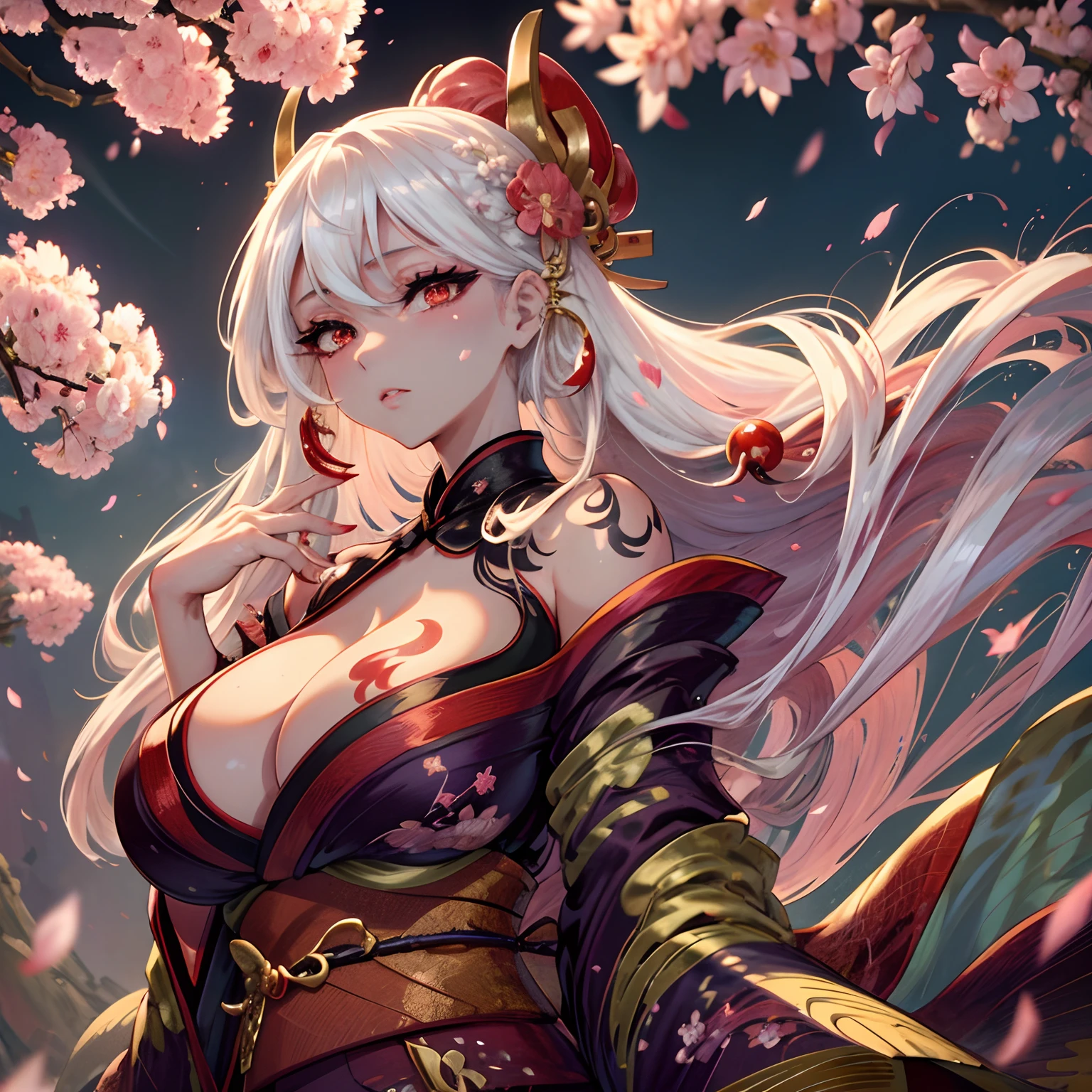 The most beautiful and sexy dragon princess, long white hair, red eyes, wearing the most beautiful and highly detailed kimono, huge gigantic tits, cleavage showing, tons of tattoos and piercings, with the most powerful and destructive mythological Japanese dragon in the background, cherry blossoms blowing in the wind, highly detailed background, perfect masterpiece, high quality, high resolution