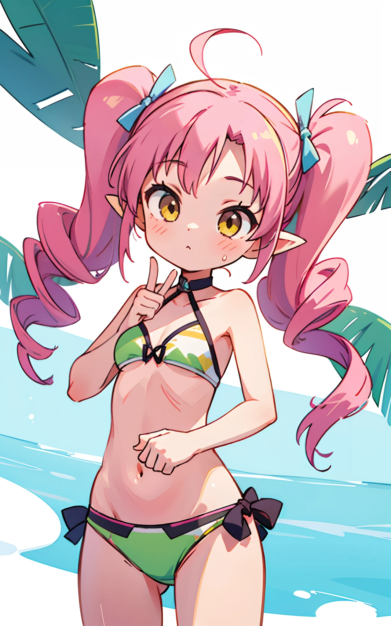 18 year old girl、Pink hair, twin drills, Yellow eyes, pointy ear, Undersized breasts, White Bikini, Vibrant colors