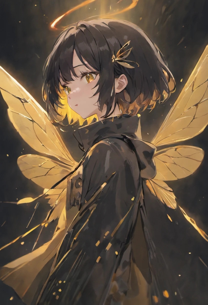 moth wings, white skin, dark theme, woman, short black hair, yellow eyes, moth antenna,