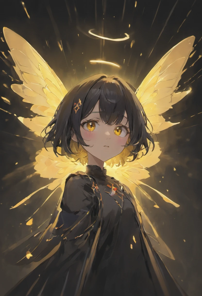 moth wings, white skin, dark theme, woman, short black hair, yellow eyes, moth antenna,
