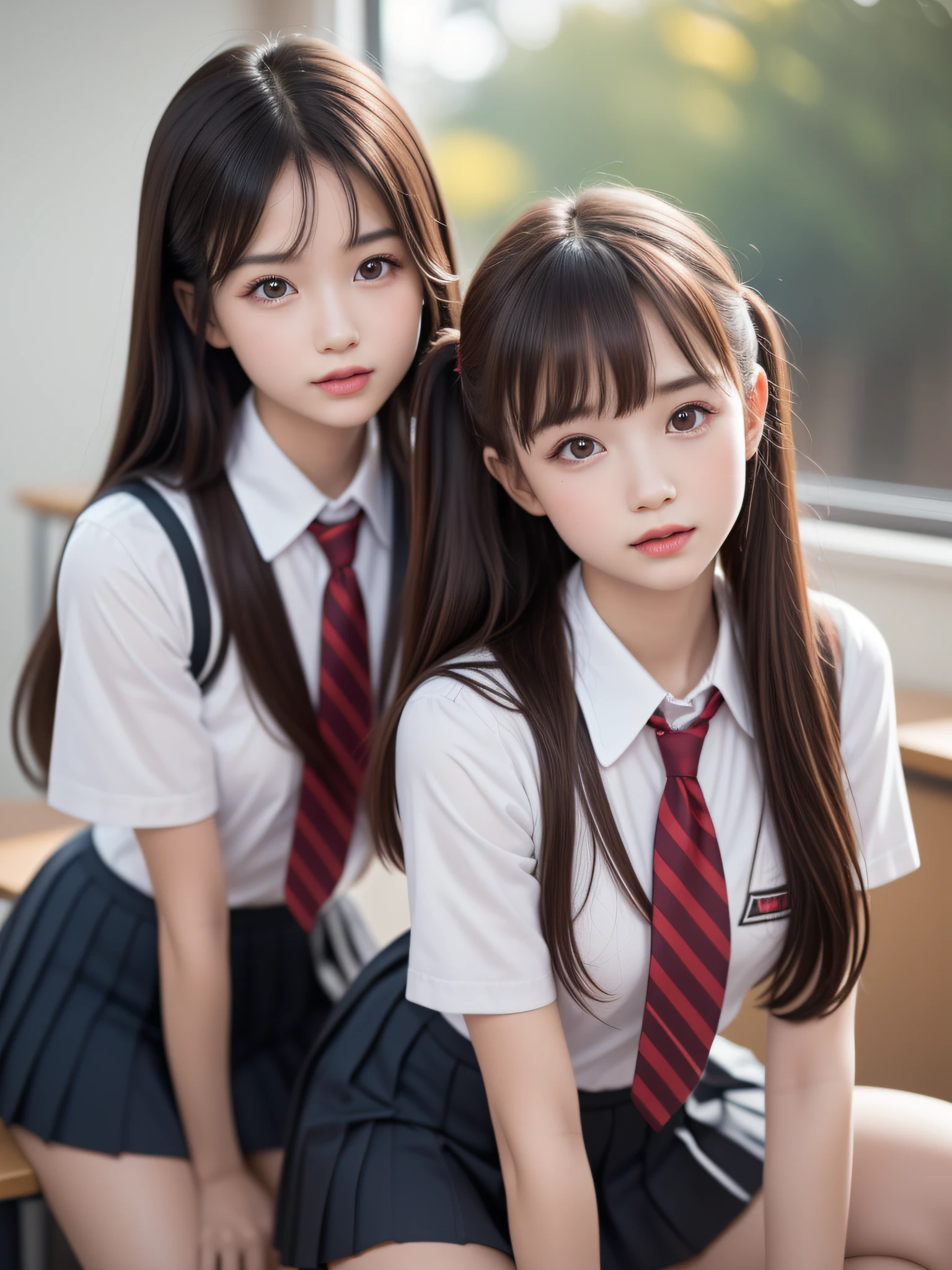 (2ung girls), beautiful girl with beautiful details, Raw photo, (Best Quality:1.2), 8K, high details, hight resolution, With the highest quality, High-definition raw color photos, professional photograpy, (Fine face:1.2), (hi-school uniform with open chest:1.5), pleated skirt, indoors, classroom, desk, chair, sitting, (Open mouth), ((legs spread)), (panties:1.3), (((Bokeh))), depth of fields, twilight, sunset,