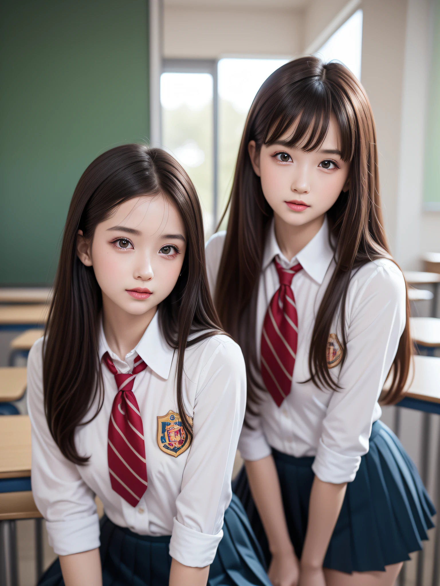 (2ung girls), (highly detailed Beautiful face), Amazing face and eyes, (Best Quality:1.4), (Ultra-detailed), (extremely detailed CG unified 8k wallpaper), Highly detailed, High-definition raw color photos, Professional Photography, Realistic portrait, Amazing face and eyes, Pink eyes, (hi-school uniform, pleated mini skirt:1.3), twintails, brown hair, model, (((Bokeh))), depth of fields, School, classroom,