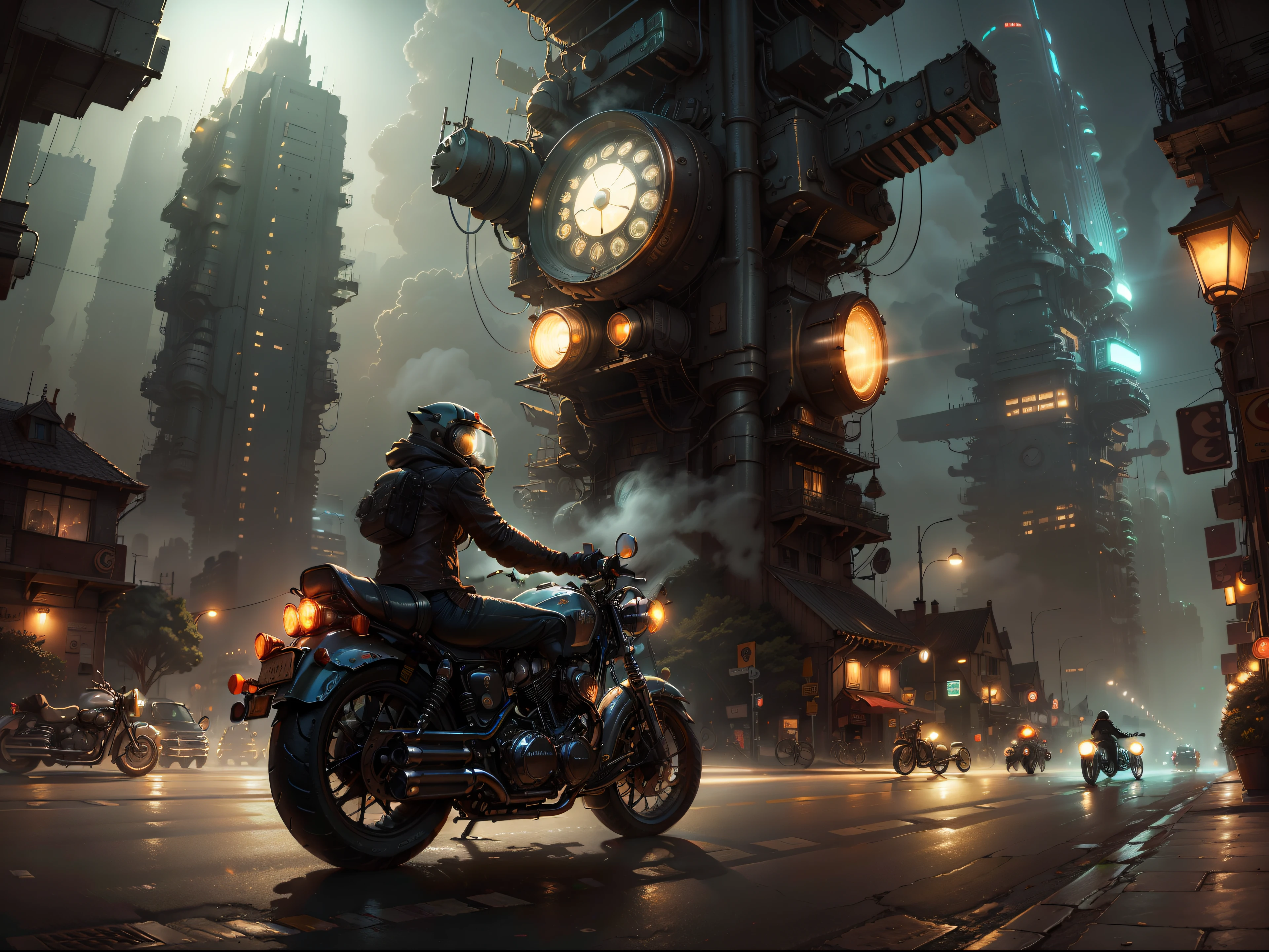 Imagine a futuristic city at night, shrouded in cosmic dust, while a biker on his vintage motorcycle cuts through the scenery. Capture cada detalhe da bicicleta, do brilho do potente motor aos reflexos das luzes da cidade, all in one high-resolution HDR image
