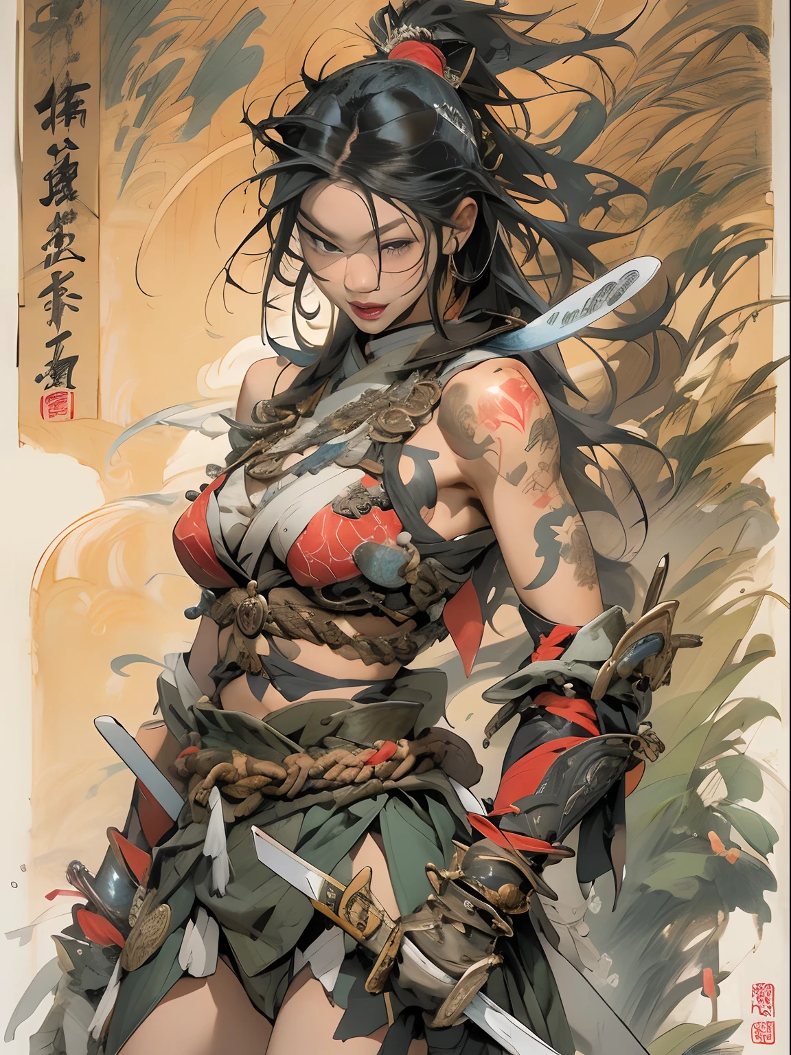 Naked samurai woman with a katana in her hand with a lot of blood on her body, qualidade no ultra, corpo perfeito, coxas grossas, cintura fina, seios grandes,