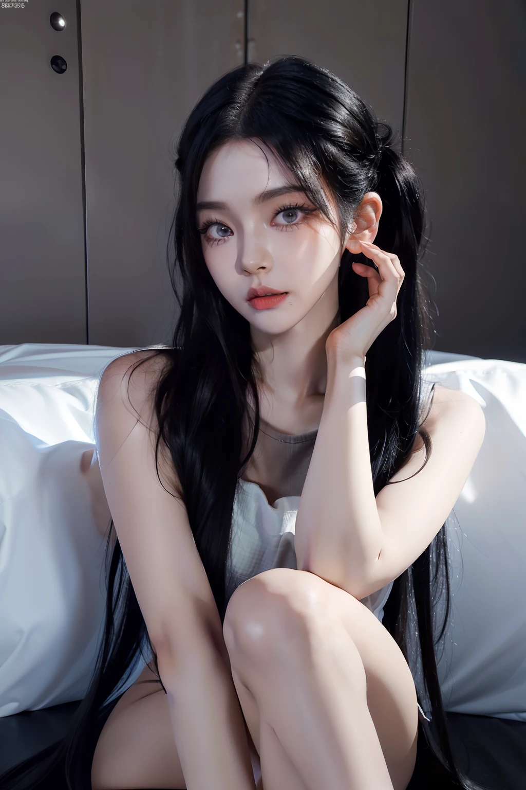 (Top image quality、top-quality、Top resolution、hyper realistic photography、Full body photo、masterpiece、16k、)1girl in、Surprisingly long black hair is super beautiful、hair length about 3 meters、White underwear or naked、Hide the whole body with straight black hair、Very beautiful face、well-groomed beautiful black hair、very large amount of hair、Ultra-long black hair with an emphasis on sex appeal as a woman、slim figure、Lustrous beautiful hair、Bright lighting、profetional lighting、Winner of the World Long Hair Contest、Full body real photo、Head-to-toe photo、Photo taken from about 4 meters away、Super Real、Two hands、2 legs、The longest black hair in the world、Hair is heavy and tired、Hair longer than Rapunzel、very large amount of hair、I hide my whole body with very long black hair、Hair that is shampooed every day is very clean、Hair smells of roses、Very long black hair is my sex appeal、Very long black hair is my charm、Long black hair is a symbol of beauty、My pride is very long black hair、This long hair length and amount is admired all over the world、My very long black hair is spread out in a fan shape、Facing backwards、Sleeping face down、Silky black hair flowing from the shoulders to the floor、Ridiculously large amount of hair、The hair is ridiculously bushy、Wrap the entire bed in hair、Hide my hands with long hair、Hide my fingers with long hair、A storm of angry black hair that seems to overflow from the screen、