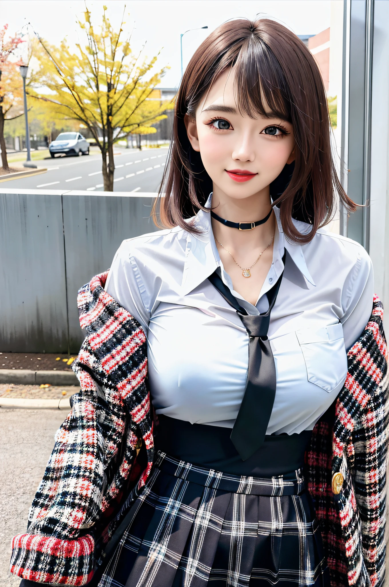 masterpiece, best quality, full body, 1girl, bangs, black choker, black necktie, black hair, blue skirt, blush, bracelet, breasts, choker, clothes around waist, collarbone, collared shirt, cowboy shot, dress shirt, ear piercing, eyebrows visible through hair, gradient hair, grin, gyaru, jewelry, kogal, long hair, looking at viewer, loose necktie, necktie, piercing, plaid, plaid skirt, pleated skirt, red eyes, ring, school uniform, shirt, skirt, smile, solo, white shirt, street, sky, cherry blossoms, petals,illustration, (magazine:1.3), (cover-style:1.3), fashionable, woman, vibrant, outfit, posing, front, colorful, dynamic, background, elements, confident, expression, holding, statement, accessory, majestic, coiled, around, touch, scene, text, cover, bold, attention-grabbing, title, stylish, font, catchy, headline, larger, striking, modern, trendy, focus, fashion,