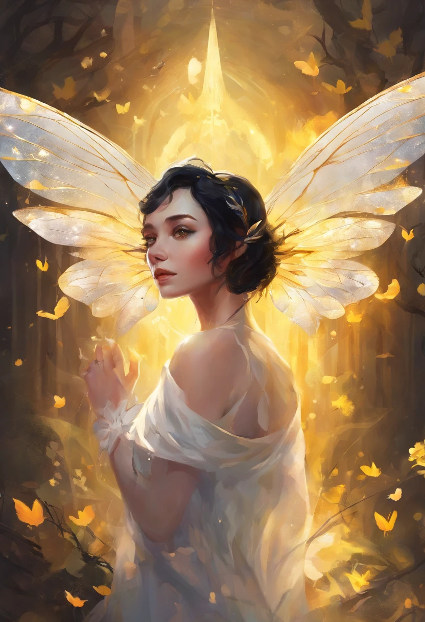 moth wings, white skin, dark theme, woman, short black hair, yellow eyes, moth antenna,