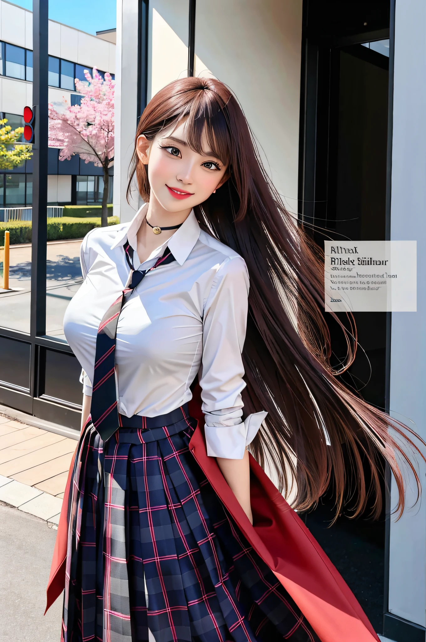 masterpiece, best quality, full body, 1girl, bangs, black choker, black necktie, black hair, blue skirt, blush, bracelet, breasts, choker, clothes around waist, collarbone, collared shirt, cowboy shot, dress shirt, ear piercing, eyebrows visible through hair, gradient hair, grin, gyaru, jewelry, kogal, long hair, looking at viewer, loose necktie, necktie, piercing, plaid, plaid skirt, pleated skirt, red eyes, ring, school uniform, shirt, skirt, smile, solo, white shirt, street, sky, cherry blossoms, petals,illustration, (magazine:1.3), (cover-style:1.3), fashionable, woman, vibrant, outfit, posing, front, colorful, dynamic, background, elements, confident, expression, holding, statement, accessory, majestic, coiled, around, touch, scene, text, cover, bold, attention-grabbing, title, stylish, font, catchy, headline, larger, striking, modern, trendy, focus, fashion,