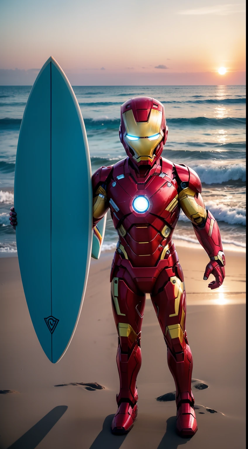 "Envision a delightful and captivating scene where a Superbaby Iron Man embarks on a beach adventure while carrying a surfboard. Imagine a tiny Iron Man, donning a miniaturized version of his iconic suit, exploring the sandy shores. His tiny arc reactor emits a playful glow, adding a touch of superhero charm. The surfboard, tailored for his size, is held with ease, showcasing his technological prowess. The art style combines playful whimsy with high-tech aesthetics, drawing inspiration from comic book visuals and beach vistas. Set the scene against a picturesque coastal backdrop, with gentle waves and a warm sun setting on the horizon. Capture the Superbaby Iron Man's exploration in a mid-distance shot, highlighting his curiosity and the joy of the beach."