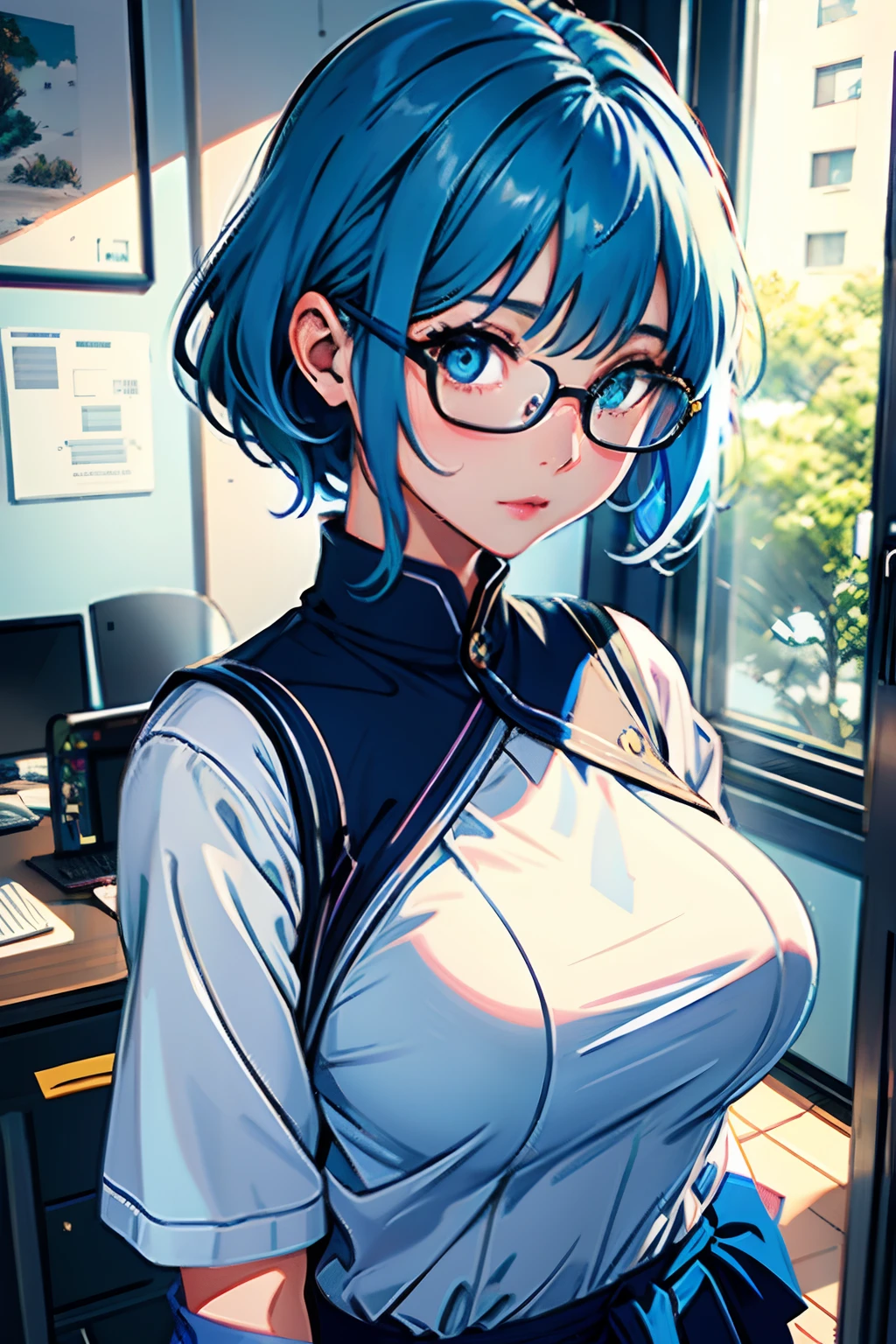 (the Extremely Detailed CG Unity 8K Wallpapers)、top-quality、独奏、1girl in、beatiful detailed eyes、Bright pupils、(extremely delicate and beautiful)、(Beautiful and detailed eyes description)、ultra-detailliert、masterpiece、))、Colossal tits、atlibrary、In your hands your、Photorealsitic、Sailor Mercury、lightblue hair、student clothes、eye glasses