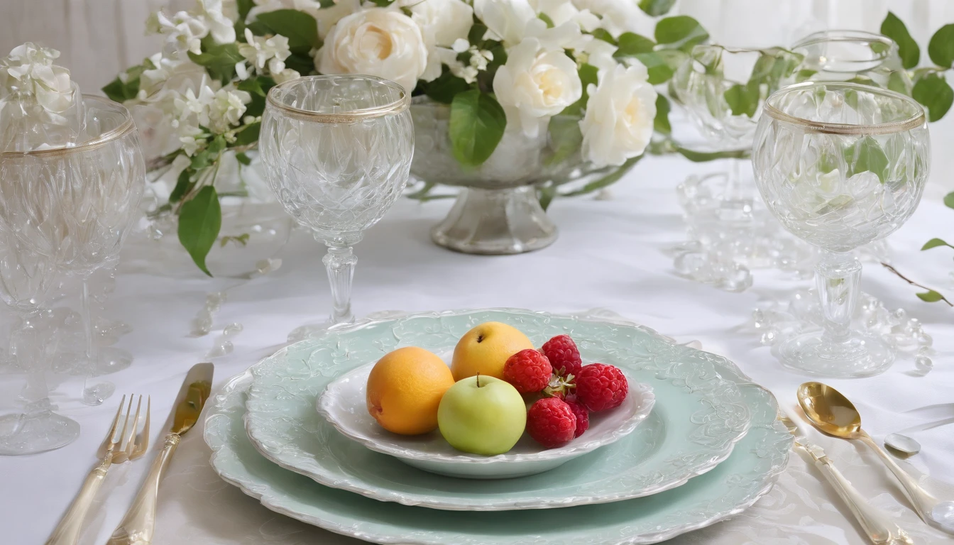 (Best quality,4K,8K,A high resolution,Masterpiece:1.2),Ultra-detailed,Amazingly beautiful table set,Delicate flower arrangement,Natural lighting,Golden candlelight,Soft and warm color palette,Inviting atmosphere,Homely,Simple and elegant,Harmonious composition,Meticulous attention to detail,subtletextures,Tastefully furnished,Translucent glassware,Delicious fresh fruit,Crystal clear water droplets on the fruit,Crispy and juicy,Refreshing,Lovely scent of flowers and fruits,Exquisite porcelain dinner plate,Smooth and glossy surface,Vintage silverware,Exquisite and gorgeous design,Romantic and cozy atmosphere,Relaxing and comfortable,serenity and calm,Healthy and inviting,Elegant pleats and curtains,Rich brown color,Subtle shadows and highlights,soft natural lighting,A soothing and peaceful atmosphere,A central ornament made of vibrant seasonal flowers,Delicate buds and flowers,a faint fragrance in the air,The petals are beautifully arranged,Soft and natural texture,A warm and inviting color palette,Authentic and rustic elements,Crimson wine，Crystal clear wine glasses,Bubbles that surface,Candlelight reflection,glittery，Cleavage is seductive,Green leaves and green leaves,Add a touch of freshness and nature,Lovely contrast between greenery and fruit,Symbolizes abundance and vitality,A feast for the senses.in a panoramic view，deep colour