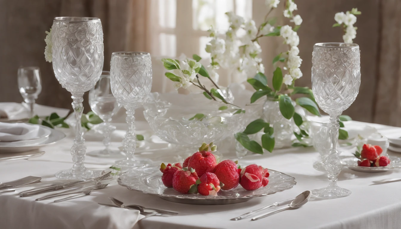 (Best quality,4K,8K,A high resolution,Masterpiece:1.2),Ultra-detailed,Amazingly beautiful table set,Delicate flower arrangement,Natural lighting,Golden candlelight,Soft and warm color palette,Inviting atmosphere,Homely,Simple and elegant,Harmonious composition,Meticulous attention to detail,subtletextures,Tastefully furnished,Translucent glassware,Delicious fresh fruit,Crystal clear water droplets on the fruit,Crispy and juicy,Refreshing,Lovely scent of flowers and fruits,Exquisite porcelain dinner plate,Smooth and glossy surface,Vintage silverware,Exquisite and gorgeous design,Romantic and cozy atmosphere,Relaxing and comfortable,serenity and calm,Healthy and inviting,Elegant pleats and curtains,Rich brown color,Subtle shadows and highlights,soft natural lighting,A soothing and peaceful atmosphere,A central ornament made of vibrant seasonal flowers,Delicate buds and flowers,a faint fragrance in the air,The petals are beautifully arranged,Soft and natural texture,A warm and inviting color palette,Authentic and rustic elements,Crimson wine,Crystal clear wine glasses,Bubbles that surface,Candlelight reflection,glittery,Cleavage is seductive,Green leaves and green leaves,Add a touch of freshness and nature,Lovely contrast between greenery and fruit,Symbolizes abundance and vitality,A feast for the senses.in a panoramic view,deep colour