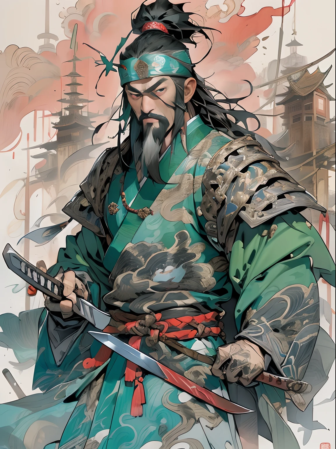 (((China-style,Ink painting method,Half-length portrait,Intense color,Han dynasty, China,Hanfu,Armor,Guan yu,Guan Yunchang,of a guy,Ruddy killing square face,Hold the Blue Dragon Moon Knife in his right hand,Stroke your beard with your left hand,Long hair,petty eyes,Green robe))), (((best qualityer))), (((tmasterpiece))), (((AS-Adult))), ((( Japanese ))), Look up from your knees, Handsome Asian samurai,perfect body figure, Modern samurai, ((( Asian))), Wear gloves on your hands,The left arm is made of steel and metal tips,Made of protective devices, The eyes are pulled, (( Appears below the chest )), (( Small dental floss )), Simon Bisley, Almost naked(Simon Bisley)Castle City Wilderness,For high-resolution posters, hair straight, Minimum clothing, armure (Crazy clothes ), Full of tips and rivets, tribal tattoos, (((full bodyesbian))), Straight brunette hair,Colored hair ends