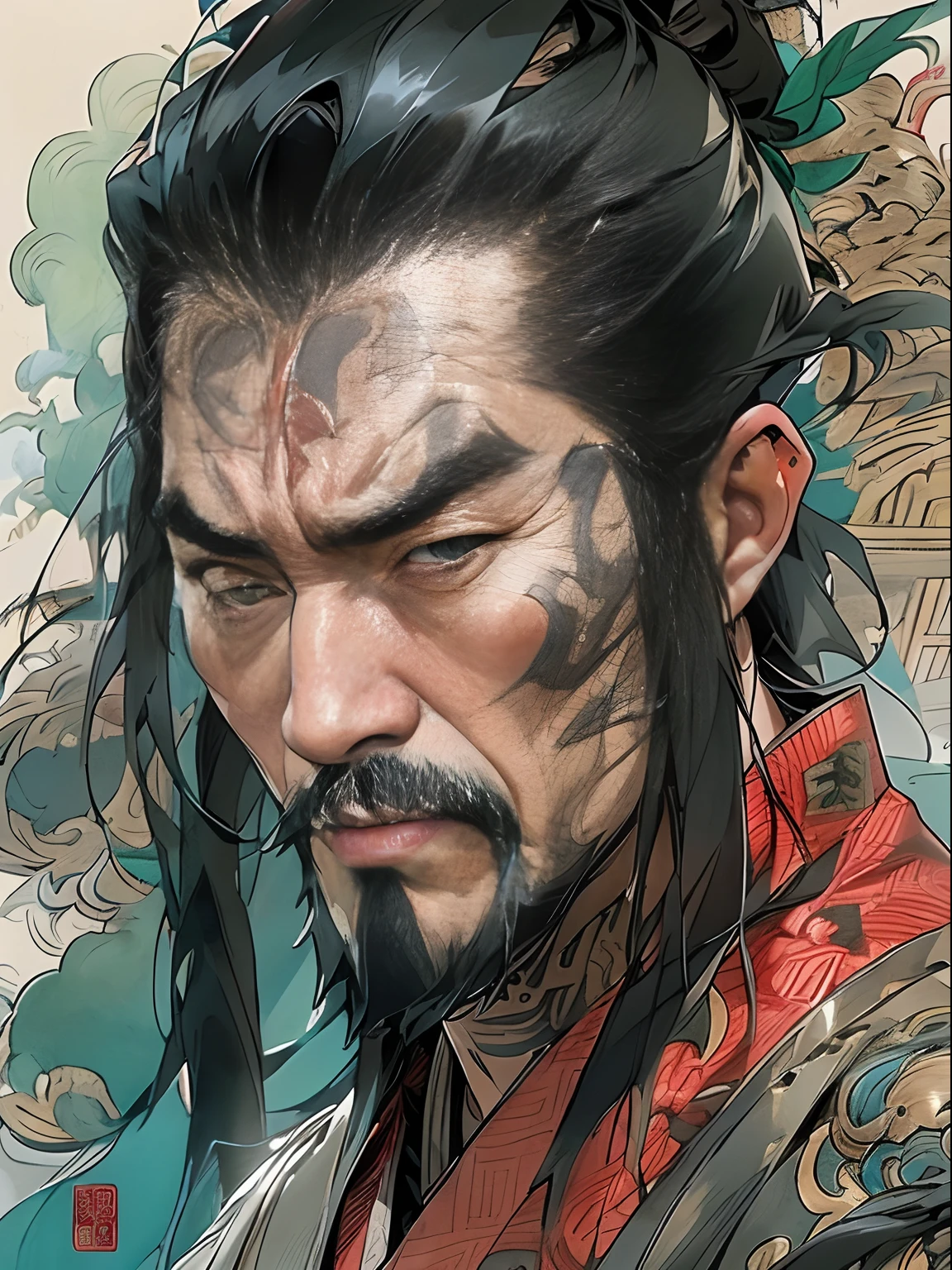 ((Vibrant colors)). A detailed portrait of long hair samurai in Japanese Edo period in Richard Anderson's art style, double exposure with sepia Carne Griffiths art style, with a unique blend of realism and abstraction. full body action pose shot, black and white sketch. comic style.