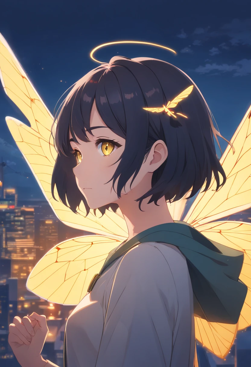 moth wings, white skin, dark theme, woman, short black hair, yellow eyes, moth antenna,